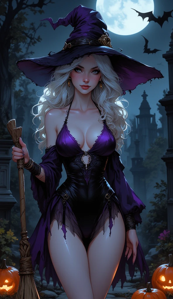 Female sorceress,grey hair,long hair,black and dark violet hat,purple eye,dark violet collar,black shoulder cloak,black and dark violet and purple dress and gloves