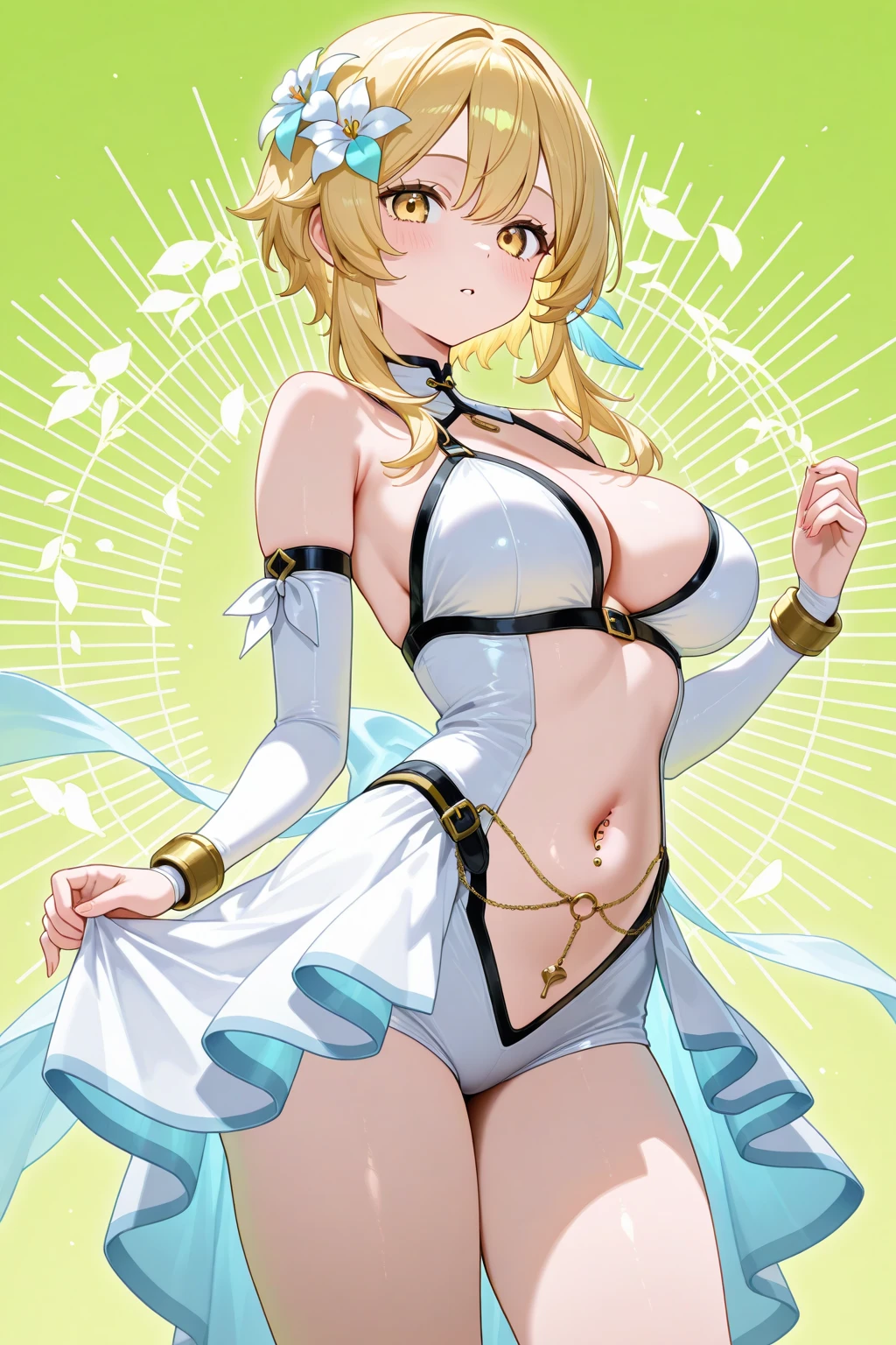 Woman 23 years old, short blonde bob hair, hair flower, sharp blows between the eyes, yellow eyes, large eyes,  look,  expression, pearly seashell neckline, of siren race. It is in the middle of the sea, At night, with full moon in the background, light reflecting on the  and sweaty body. (((sweat))) (artwork:1.2,) (Best Quality.)