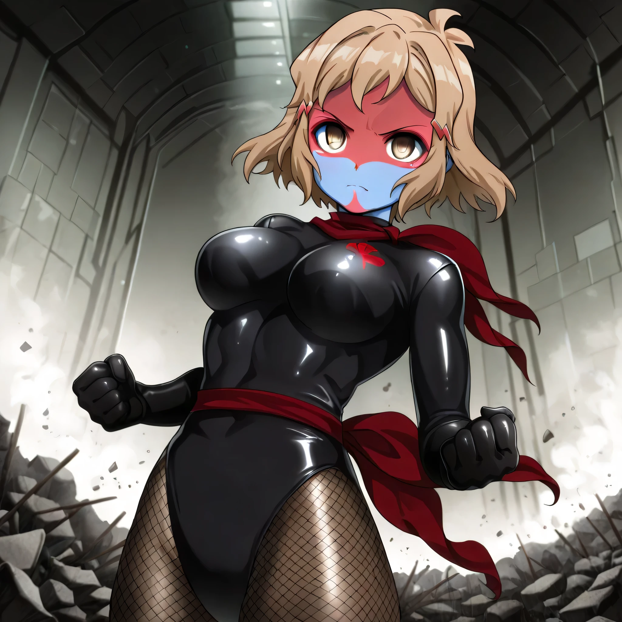 (((Masterpiece))), (((Best Quality))), ((Super Detail)), ultra-High resolution, score_9,score_8_up,score_7_up,score_6_up,score_5_up,score_4_up, BREAK, source_anime, anime screencap, uncensored, Masterpiece, (best shadow), (absurdres), (detailed background), (very aesthetic), detailed beautiful eyes, outstanding, an exquisite animation illustration, curvy, highres, shiny clothing, dark persona, empty eyes, blank eyes, shocker, black leotard, latex elbow gloves, brown fishnet pantyhose, blue skin, colored skin, red sash, makeup, red skin, (((solo, 1girl))), hair ornament, seductive pose, submissive pose, anime style, anime coloring, animification, megami magazine, sexy pose, dynamic angle, cinematic angle, dutch angle, medium breast, tachibanahibiki, short hair, hairclip, brown hair, hairclip, brown eyes, SymphoBikkie, fluffy hair, thick thighs, muscular female, scarf, confident, proudly, determined, twisted posture, fighting, fighting stance, dynamic pose, action pose, debris, apocaylptic, apocaylptic city, ruin, full body, serious, closed mouth, fist, clenched hand, blood splatter, gore, looking at viewer, cowboy shot, upper body, outsdoor, apocaylptic sky, dappled light, sunbeam, speed line, motion line,