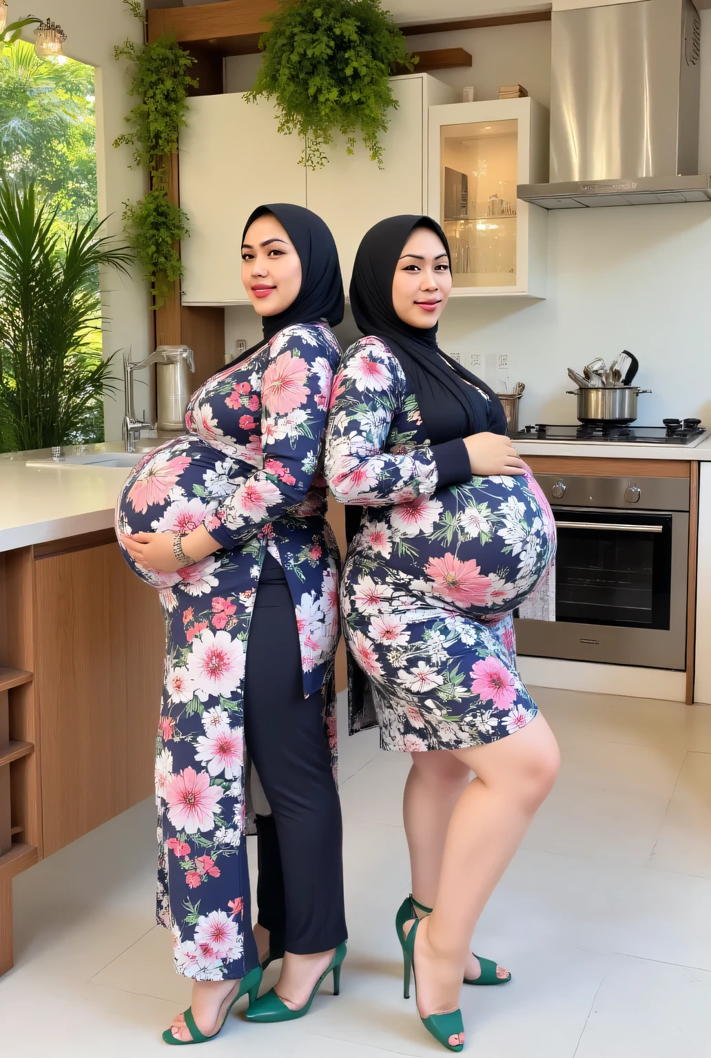2 preggos military , hijab , They are wearing flower dress ceremonial military and miniskirt, huge belly, huge ass, huge tits, wears green high heels, pose back to back, background on the kitchen garden