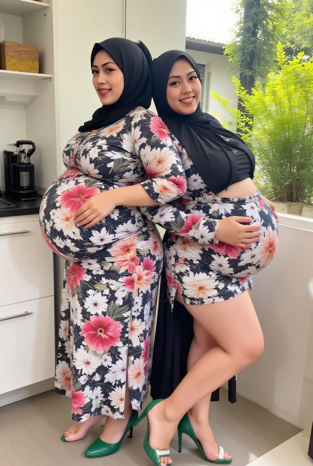 2 preggos military , hijab , They are wearing flower dress ceremonial military and miniskirt, huge belly, huge ass, huge tits, wears green high heels, pose back to back, background on the kitchen garden