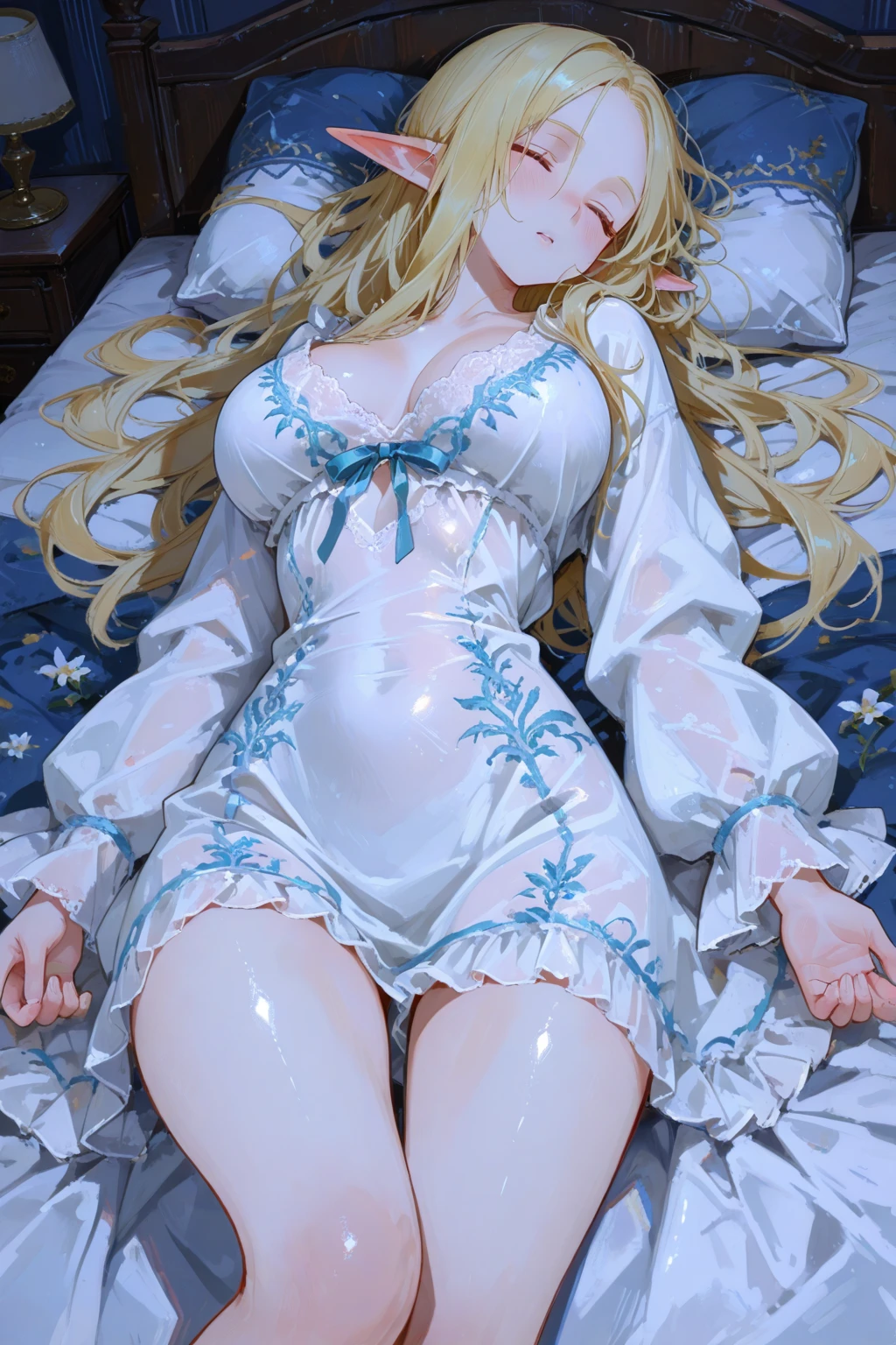 absurdist,(masterpiece、Top image quality、8K),Exquisite details,Ultra-detailed、(soft focus:1.2)、A perfect beauty、(Unusual appearance:1.2)、beautiful detailed blue eyes、long blonde hair、white pajama、Lie asleep in bed、arms raised、armpit、（top down：1.2）、Eyeliner、long eyelashes、shining eyes、Slightly open lips、light、Amazing、（melancholy：1.2）、、（fantasy、dream）、Surreal、perfectanatomy, full body , ((????????:1.4)),(??????? slit)