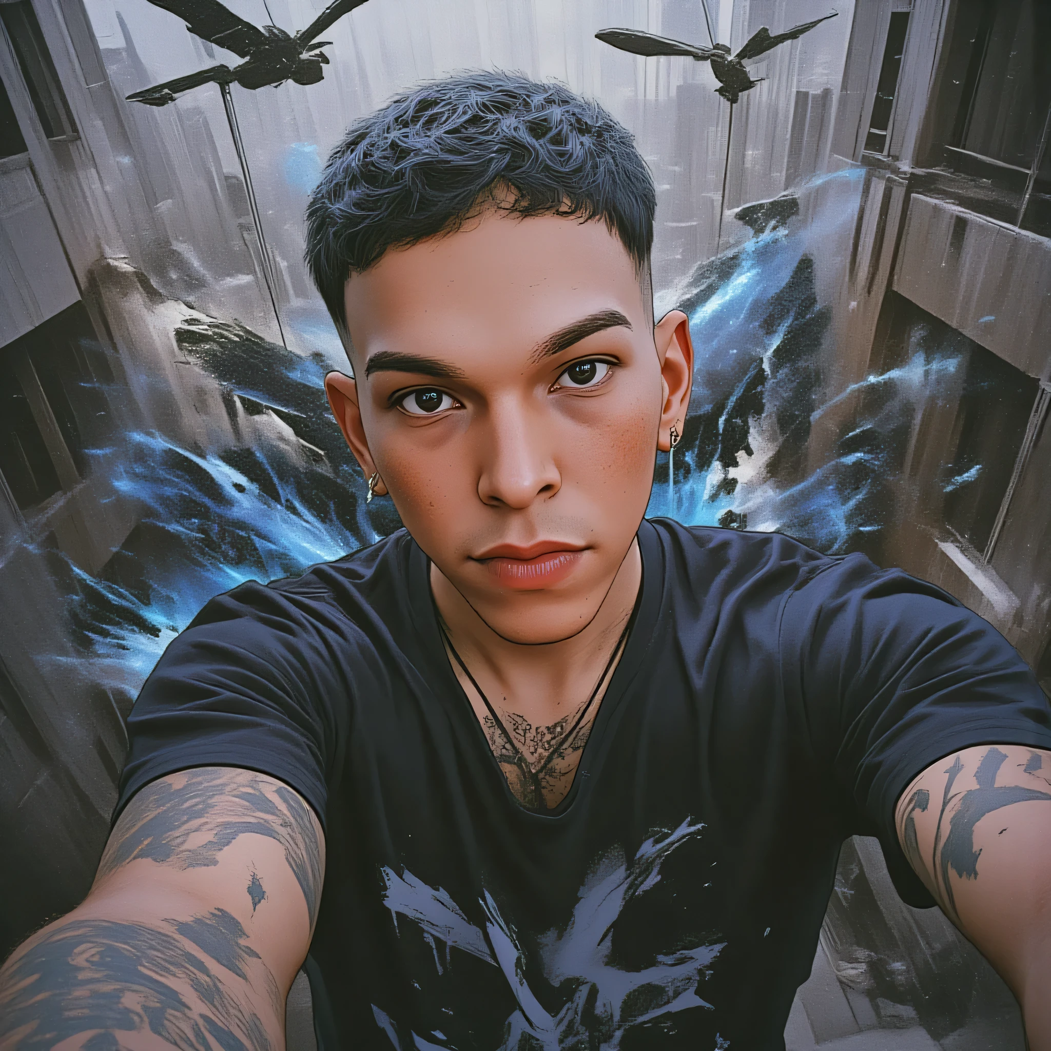 (low quality, worst quality:1.4), [bad-picture-chill-75v : Unspeakable-Horrors-Composition-4v:0.5] <lora:pins2:1> render art, manly young adult man, spiderman,
1boy, dirty, grungy, handsome chav skinhead, tattoos, shirtless, track pants, sneakers, high rise balcony, brutalism, urban, HDR, atmospheric, dark, looking at viewer, intricate detail HOMEM LATINO AMERICANO, NEGRO DE PELE PARDA, surrounded by glowing orbs of azul and cinza energy, guindastes voando ao seu redor, e símbolos abstratos como lagartos e formas geométricas. sua expressão é profunda, introspectivos — representando “O mundo interior LGBTQIAPN+". A composição parece uma nova capa de álbum, uma colagem contemporânea de mídia mista com elementos surreais, alta definição, texturas detalhadas, equilíbrio artístico e poderosa presença emocional. Título: 'Olhe para mim'. Paleta de cores: preto, cinza, e azul.   Mulher louca da artista de tatuagem ,O homem disse 「Qual design você usa」,preto,cinza,azul, surreal colagem ARCOIRIS、uma colagem artística contemporânea、colagem artísticawork、  nova capa do álbum  、 Ótimo trabalho !! 、Colagem digital、(colagem )、colagem artística、colagem contemporânea、Colagem de mídia mista、  surreal +      is alta definição 、  estilo surreal、conversível、    Chame-o de Mundo Interior de arte、Olha para mim、tatuagem, Máquina de tatuagem , Catálogo de Design ,Lagarto , alinhamento ,guindastes, esferas de energia brilhante