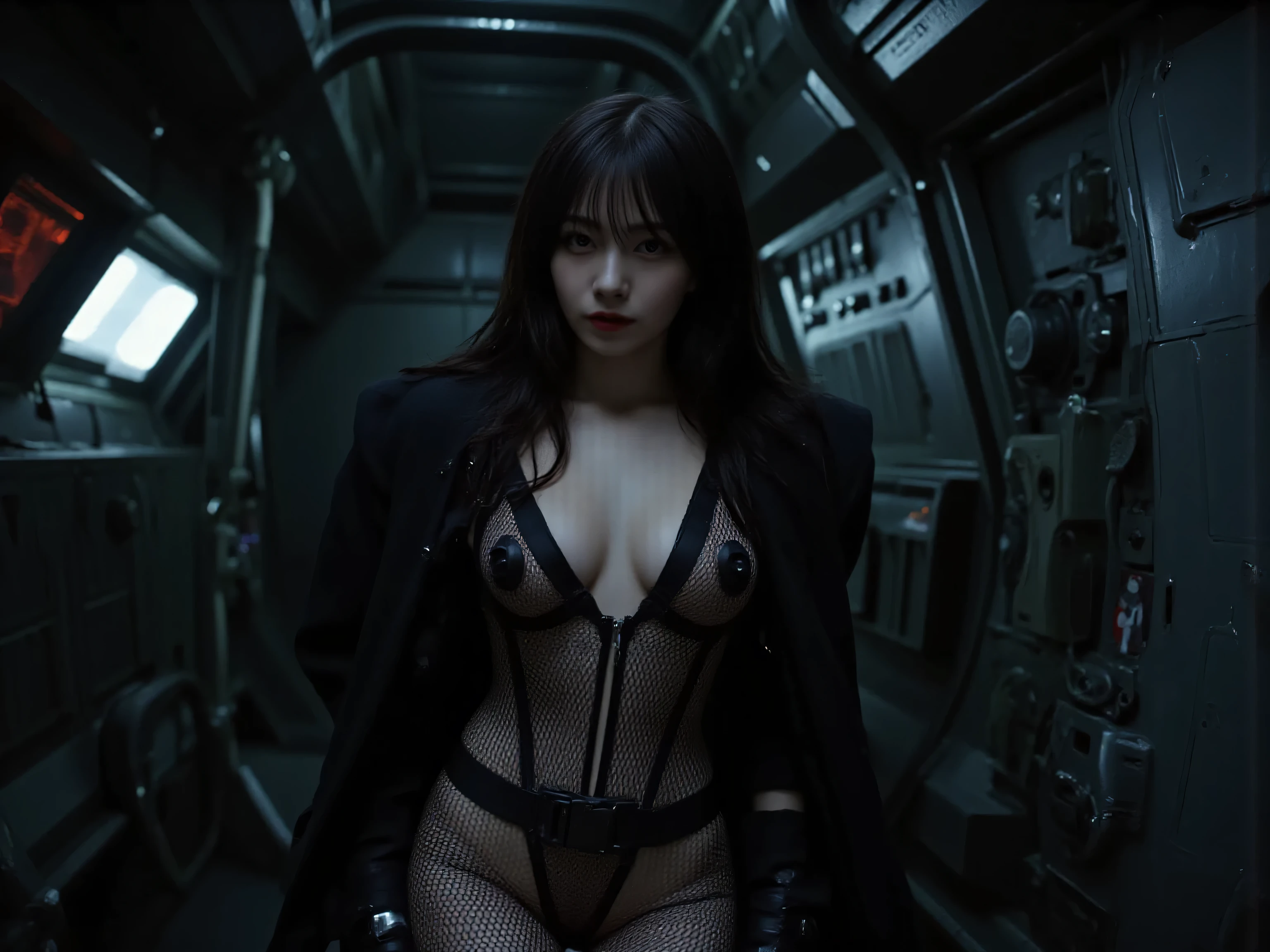 (((dark interior of a Nostromo ship worn on top of a leotard:2.0))),(((HR Giger-style cyberpunk vibe:2.0))),One Woman,(cute face:1.5),( beautiful well-balanced face :1.7),((Wavy black hair:2.0)),(beautiful eyes:1.3),slender beautiful body,beautiful slender body,((Model Body Type:2.0)),((slim body:1.7)),perfect body line,ideal ratio,((big boobs:2.0)),((F cup breasts:1.5)),Big Boobs,bare thighs,sensual thighs,Delicate Body,(muscularの:1.7),Harmonious Postures,((realistic chest depiction :1.7)),((carefully depicts her limbs based on perfect anatomy:2.0)),((Super High Leg Leotard Black Special Forces Style with Harness:2.0)),((super high-leg leotard with large chest:2.0)),((((Open Front Black Military Jacket:2.0))),((Tactical holster:2.0)),(((Crotch Thick Latex Rod:2.0))),(buttocks under pants:1.3),Concept Art,(Highest Quality:1.5),(masterpiece:1.5),(超高Resolution),Resolution,超高Resolution,(Delicate Depiction),carefully drawn,32K,((Realistic Skin Textures:1.5)),(((super real:1.5))),carefully drawn eyelashes, Very elaborate face,Extremely Detailed Female Hands,sexy appearance,very sensualな,(is blurry, dark background:1.5),professional photo,(Movie Light:2.0),((Blade Runner style lighting:2.0))(((The pitch-dark interior of the Nostromo ship:2.0))),(((HR Gigger Style Cyberpunk Atmosphere:2.0))),one woman,(cute face:1.5),(Beautiful well-balanced face :1.7),((wavy black hair:2.0)),(beautiful eyes:1.3),Glamorous Shot of a 20-Year-Old Japanese Woman,Beautiful Slender Body,((model body type:2.0)),((slim body:1.7)),perfect body line,Ideal Proportions,((big breasts:2.0)),((F cup chest:1.5)),big boobs,Bare thighs,sensual thighs,delicate body,(muscular:1.7),Harmonious Postures,((Realistic breast depiction :1.7)),((Carefully Depict Limbs Based on Perfect Anatomy:2.0)),((Super Hi-Leg Leotard with Black Special Forces Style Harness:2.0)),((super high leg leotard with wide open chest:2.0)),((((Black Military Coat with Open Front:2.0))),((tactical holster:2.0)),(((The mesh is rough、Fishnet tights with garter belt:2.0:2.0))),(Gloves:1.3),Concept Art,(Highest Quality:1.5),(masterpiece:1.5),(超高Resolution),Resolution,UHD,(Delicate Depiction),carefully drawn,32k,((Realistic Skin Texture:1.5)),(((Ultra Realistic:1.5))),carefully drawn eyelashes, Highly detailed faces,highly detailed female hands,sexy appearance,very sensual,(ぼやけた薄dark background:1.5),professional photo撮影,(Movie Lights:2.0),((Blade Runner Style Lighting:2.0))