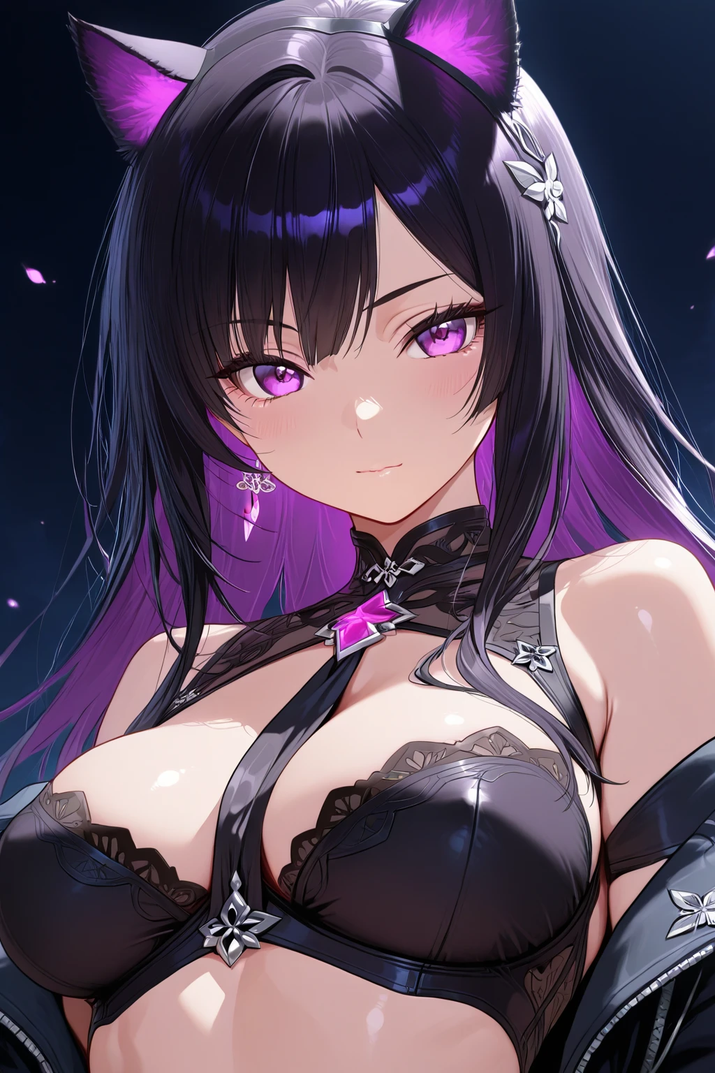 CGI Anime Artwork, Anime Artwork, Anime Illustration, Detailed Digital 2D Art, Beautiful Artwork Illustration, Digital 2D Art, Beautiful Anime Artwork, Magical 2D Concept Art, High Illustration, pixiv Digital Art, High Quality Digital Concept Art, (Photorealistic: 1.4), (Masterpiece, Side Light, Elaborate Eyes: 1.2), Masterpiece * Portrait, horizon_ (Counter: Side), Glowing Eyes, Purple Eyes, Purple Hair, Long Hair, Messy Hair, Glossy Hair, Glossy Hair, Glossy Skin, Solo, Embarrassing, (Upper Body), Big, (One ?????: 1.2), (Clothes Pulling), (Thoracic Shift: 1.2), Nightgown, (See-Through Silhouette: 1.2), Delicate Pattern, Fine details, black ?????????, purple hair, ????