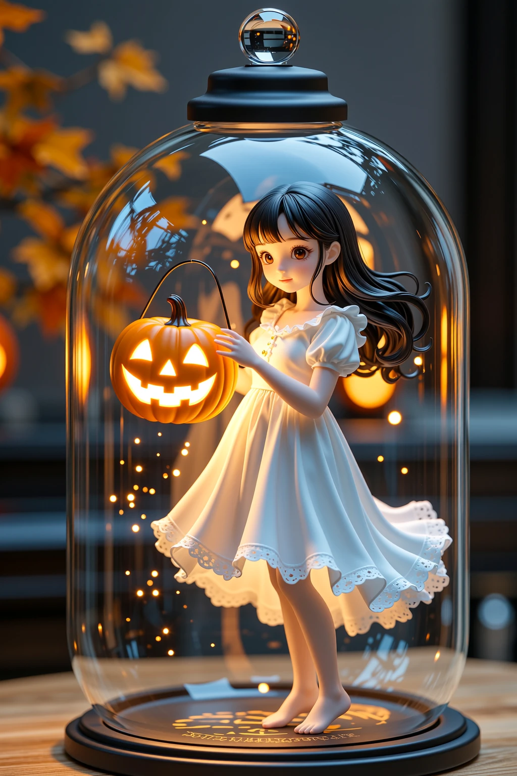 Beautiful and elegant oval glass tube, dengan ((works that highlight Creativity, Realism, Theme Relevance, Innovation Potential in one miniature display a truly charming and mysterious halloween ghost set)), Halloween ghost miniature full-body portrait of a very beautiful teenage girl with dark hair and a charming and charismatic puffy nose, perfect small tits, cleavage and curves very detailed, Tubuh langsing, perfectly proportioned body, very white shiny skin, Semi-transparent soft white dress costume that swings lightly with warm candlelight effect and soft thin mist around, small pumpkin lantern in her hands golden glow reflecting delicate shadows on the glass wall of tubes, dark hair with a faint light effect at the ends like a luminous mist, floating in the middle, emits a mesmerizing golden warm glow, Miniature halloween ghost very pretty teenage girl black hair shines with golden aura, sparkles of shimmering light scattered inside the tube, fine light particle effect and soft mist drifting, Magical and calm atmosphere, dark background to accentuate the sparkle, warm volumetric lighting, stunning micro scenery, karya agung, kualitas terbaik, Detail ultra tinggi, Render 8K, fotorealistik, Cinematic lighting, perfect depth of field, komposisi artistik, (karya agung:1.3,8k:1.3,kualitas tertinggi:1.3,detail:1.3,Resolusi tinggi:1.3,lukisan digital,Sangat detail), practice, Foto yang jelas, detail realistis, background sangat detail, Very clear background.