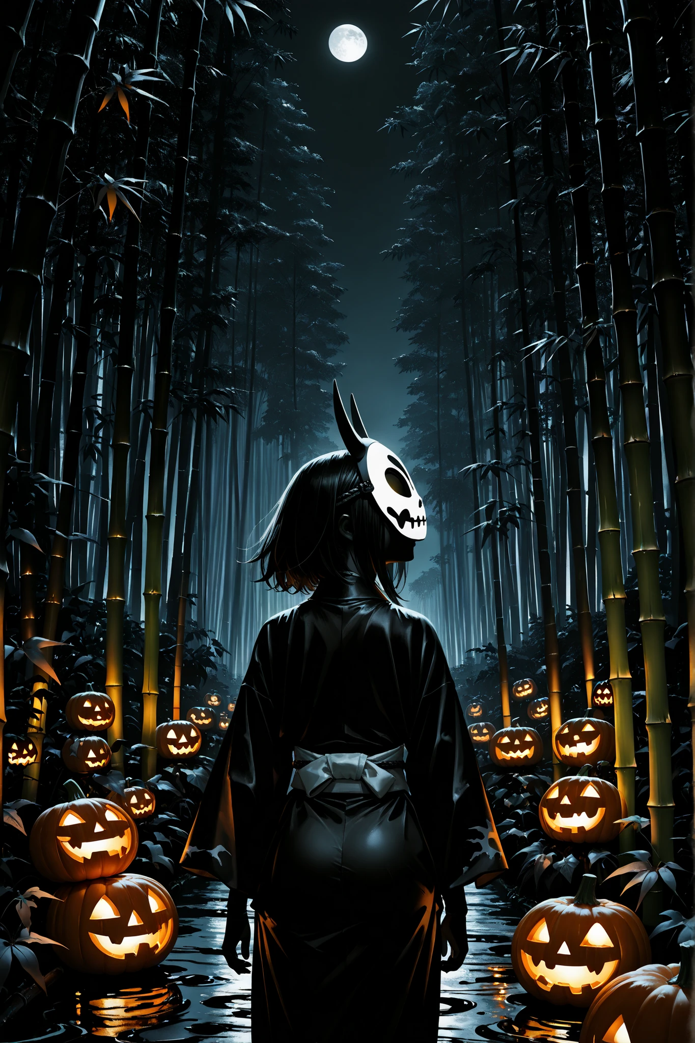 (masterpiece, Highest Quality, Ink painting, rough depiction), Edo period, night, In the bamboo forest, Halloween, Samurai Wearing Pumpkins, Ronin, Kimono that fell out of place, Jack-O-Lantern's Eyes Light Up, Black and White Worlds Other Than Pumpkins, cowboy shot, (From the side:1.2)