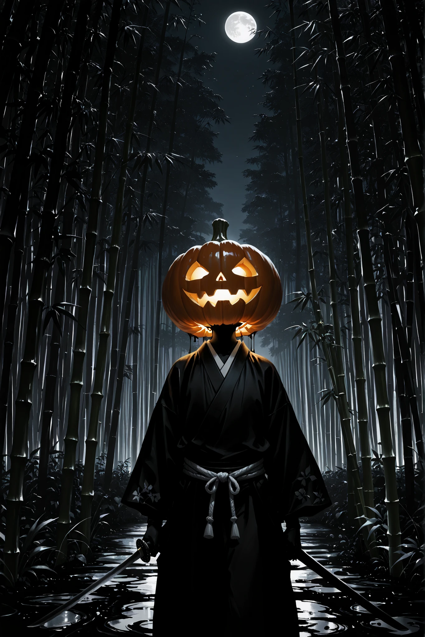 (masterpiece, Highest Quality, Ink painting, rough depiction), Edo period, night, In the bamboo forest, Pumpkin's head , samurai, Ronin, Kimono that fell out of place, holds a sword, Jack-O-Lantern's Eyes Light Up, Black and White Worlds Other Than Pumpkins, cowboy shot, (From the side:1.2)