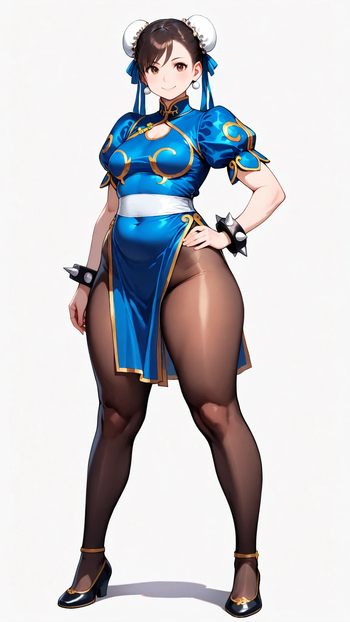 solo girl, score_9,score_8_up,score_7_up, masterpiece, best quality, highest resolution, from front, (chubby woman), wide head, thick legs, Standing, photorealistic, full body, Round face, legs apart, thin waist, big hips, plump thighs, curvaceous, simple background, white background, smile, looking at viewer, focus legs, medium breasts, (Standing in honor), CHUNLISF, brown eyes, double bun, bun cover, qipao, spiked bracelet, pantyhose,