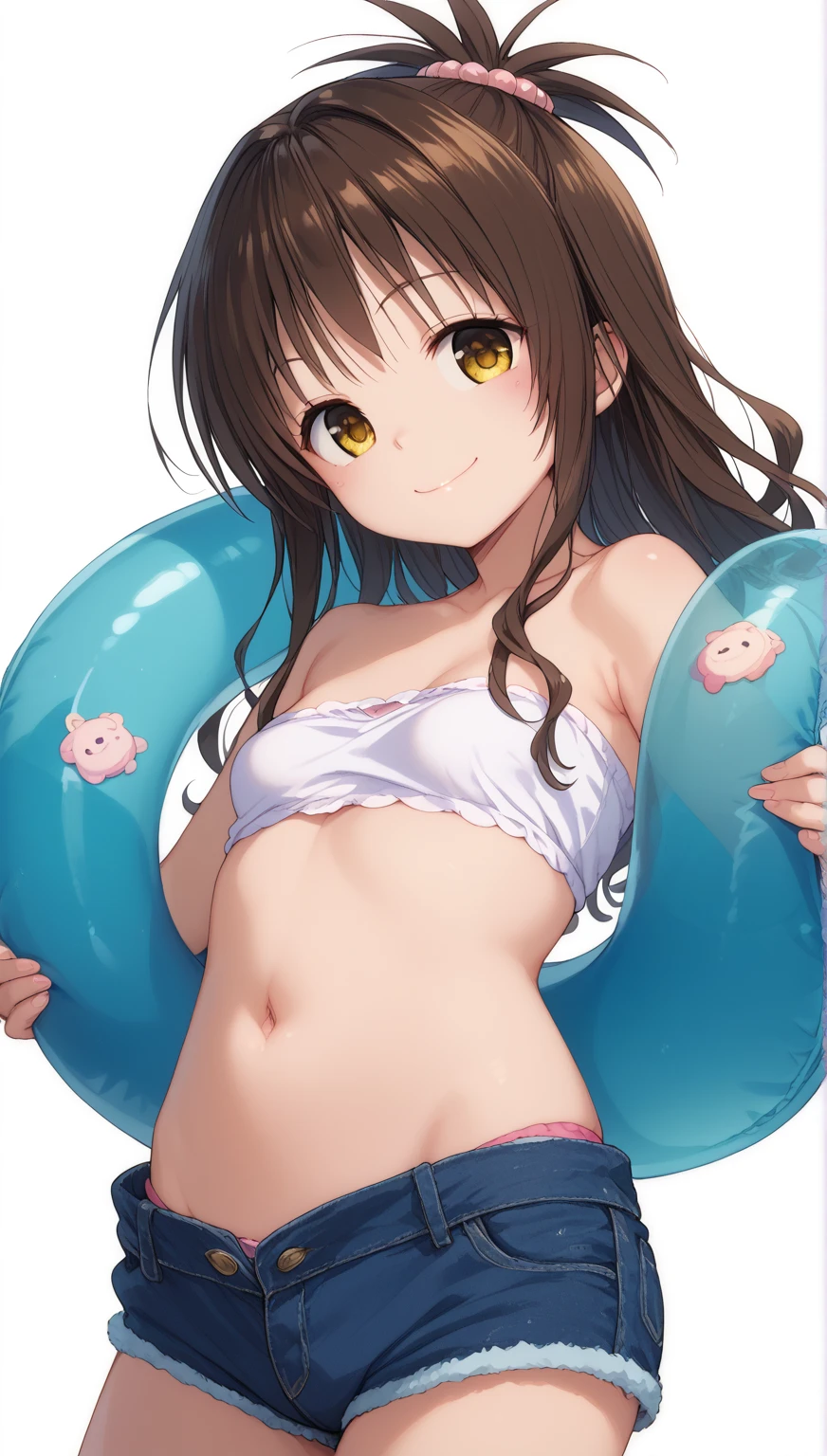 ((extreme detail)),(ultra-detailed), extremely detailed CG unity 8k wallpaper, best quality, wecl,   <lora:wet clothes:0.7>tied shirt, see-through, off shoulder, single  shoulder,  under clothes, wet, 1girl,  bottom, red eyes, long hair, navel, side-tie  bottom, looking at viewer, innertube, brown hair, red , blush, bangs, white background, blunt bangs, collarbone, thigh gap, wavy hair, cowboy shot, short sleeves, halterneck