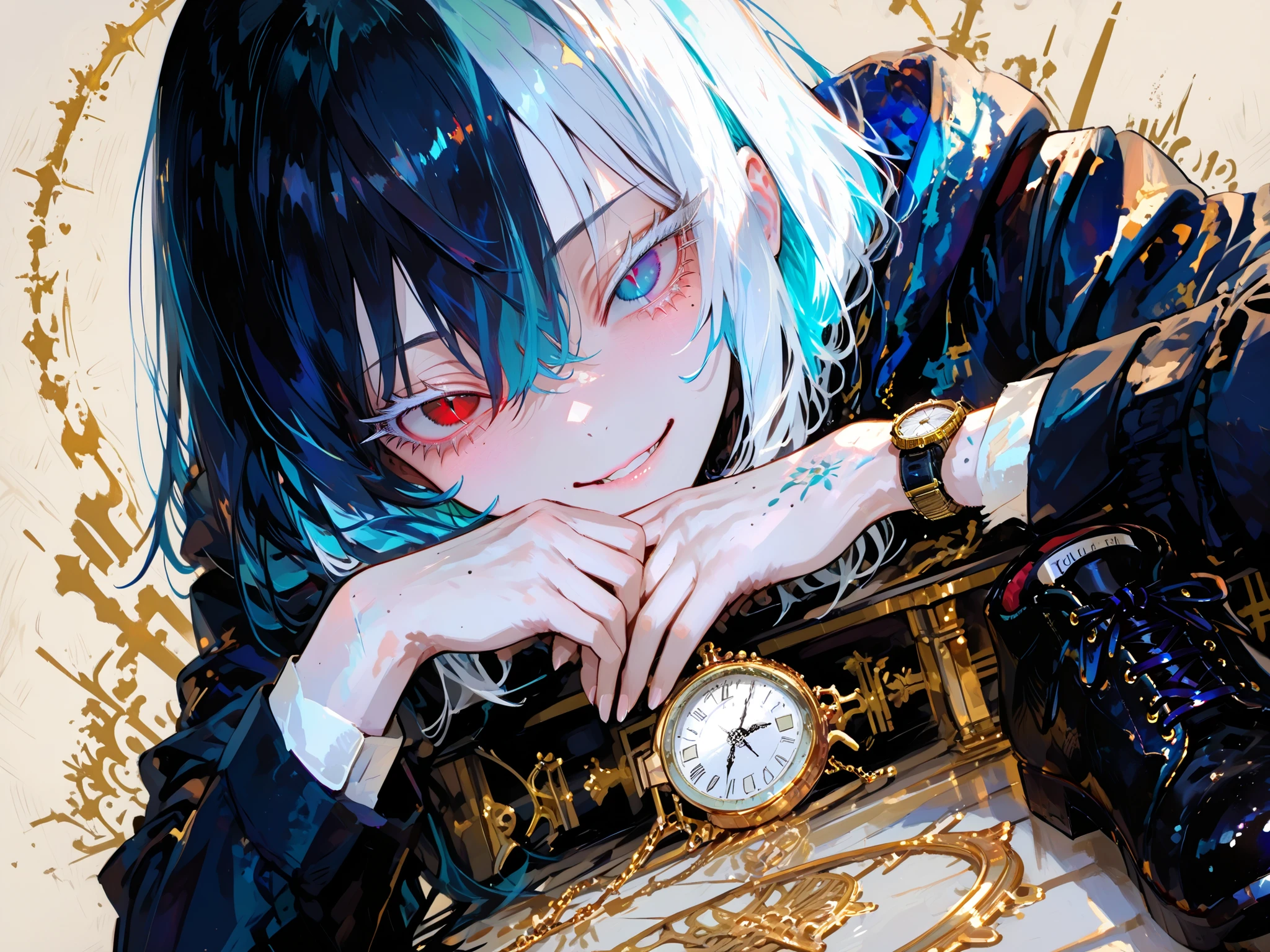 Highest Quality, super high resolution on a pile, masterpiece 【Protagonist】、((solo, anime))、((womanhood)), laugh happily, long white hair, Turquoise Blue Hair、 ((Heterochromia, my left and right eyes are different colors、Red Eyes, blue eyes)), ((My eyelashes are white, white eyelashes)),  ((tsurime)), ((slant eyes)), Slit Pupils, with fair skin, Mole, Watch Viewers, Slit Pupils, with fair skin, Mole, Watch Viewers, ((Angle from the Front))、
(detailed face, Detailed Eyes, detailed hair), I'm staring at me with a kind smile、background gothic、shoes，tomboy， I have short black hair，Gold Noble Suit, golden light on background, soft diffused light on light gray background，Fresh, neutral beauty。