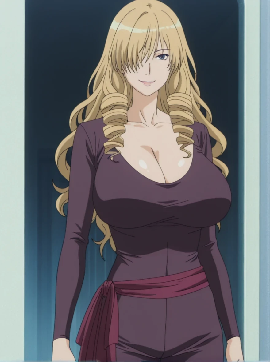 傑作、best quality、best resolution、best image quality、amazing quality、 very aesthetic、 absurdres、anime coloring、anime screencap、anime screenshot、1woman 、 <lora:oriana-thomson-indexs2-illustriousxl-lora-nochekaiser:1> 、 oriana thomson 、solo 、blonde hair 、long hair 、blue eyes 、drill hair 、drill sidelocks 、hair over one eye 、sidelocks 、very large breasts 、cleavage 、large boobs 、large tits 、mature female 、collarbone 、deltoids 、purple bodysuit 、collarless 、long sleeves、outfit:bodysuit 、cyan sash 、sash 、tight bodysuit 、seamless 、purple high heels 、tall woman 、standing 、cowboy shot 、looking at viewer 、female focus 、dutch angle 、smile、elegant、elegant smile、sexy smile、evil smile、cat's eye style、