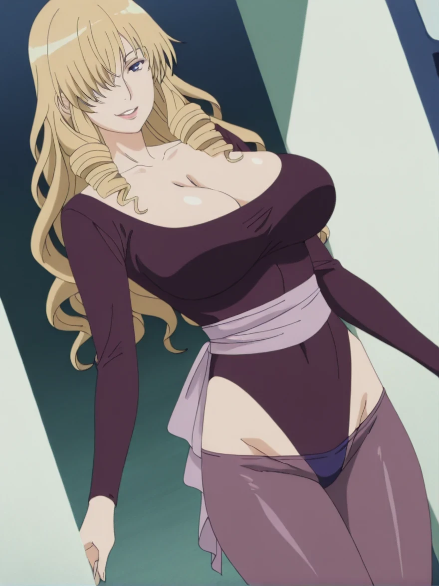 傑作、best quality、best resolution、best image quality、amazing quality、 very aesthetic、 absurdres、anime coloring、anime screencap 、anime screenshot 、1woman 、 <lora:oriana-thomson-indexs2-illustriousxl-lora-nochekaiser:1> 、 oriana thomson 、solo 、blonde hair 、long hair 、blue eyes 、drill hair 、drill sidelocks 、hair over one eye 、sidelocks 、parted lips 、juicy lips 、very large breasts 、cleavage 、large boobs 、large tits 、mature female 、collarbone 、deltoids 、purple leotard 、collarless 、long sleeves 、outfit:leotard 、high leg cut leotard、purple pantyhose 、cyan sash 、sash 、tight leotard 、tight pantyhose 、seamless 、purple high heels 、tall woman 、standing 、cowboy shot 、looking at viewer 、female focus 、dutch angle 、smile、elegant、elegant smile、sexy smile、evil smile、cat's eye style、