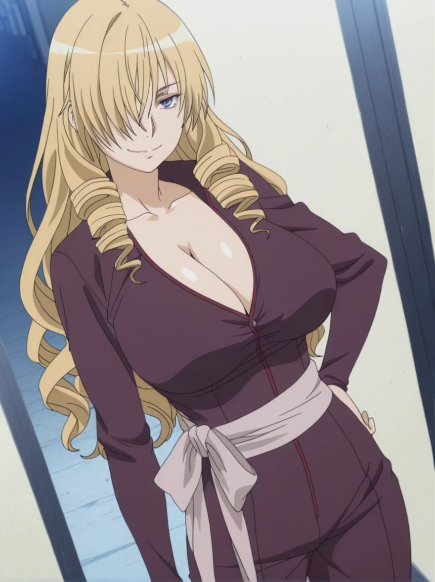 傑作、best quality、best resolution、best image quality、amazing quality、 very aesthetic、 absurdres、anime coloring、anime screencap、anime screenshot、1woman 、 <lora:oriana-thomson-indexs2-illustriousxl-lora-nochekaiser:1> 、 oriana thomson 、solo 、blonde hair 、long hair 、blue eyes 、drill hair 、drill sidelocks 、hair over one eye 、sidelocks 、very large breasts 、cleavage 、large boobs 、large tits 、mature female 、collarbone 、deltoids 、purple bodysuit 、collarless 、long sleeves、outfit:bodysuit 、cyan sash 、sash 、tight bodysuit 、seamless 、purple high heels 、tall woman 、standing 、cowboy shot 、looking at viewer 、female focus 、dutch angle 、smile、elegant、elegant smile、sexy smile、evil smile、cat's eye style、