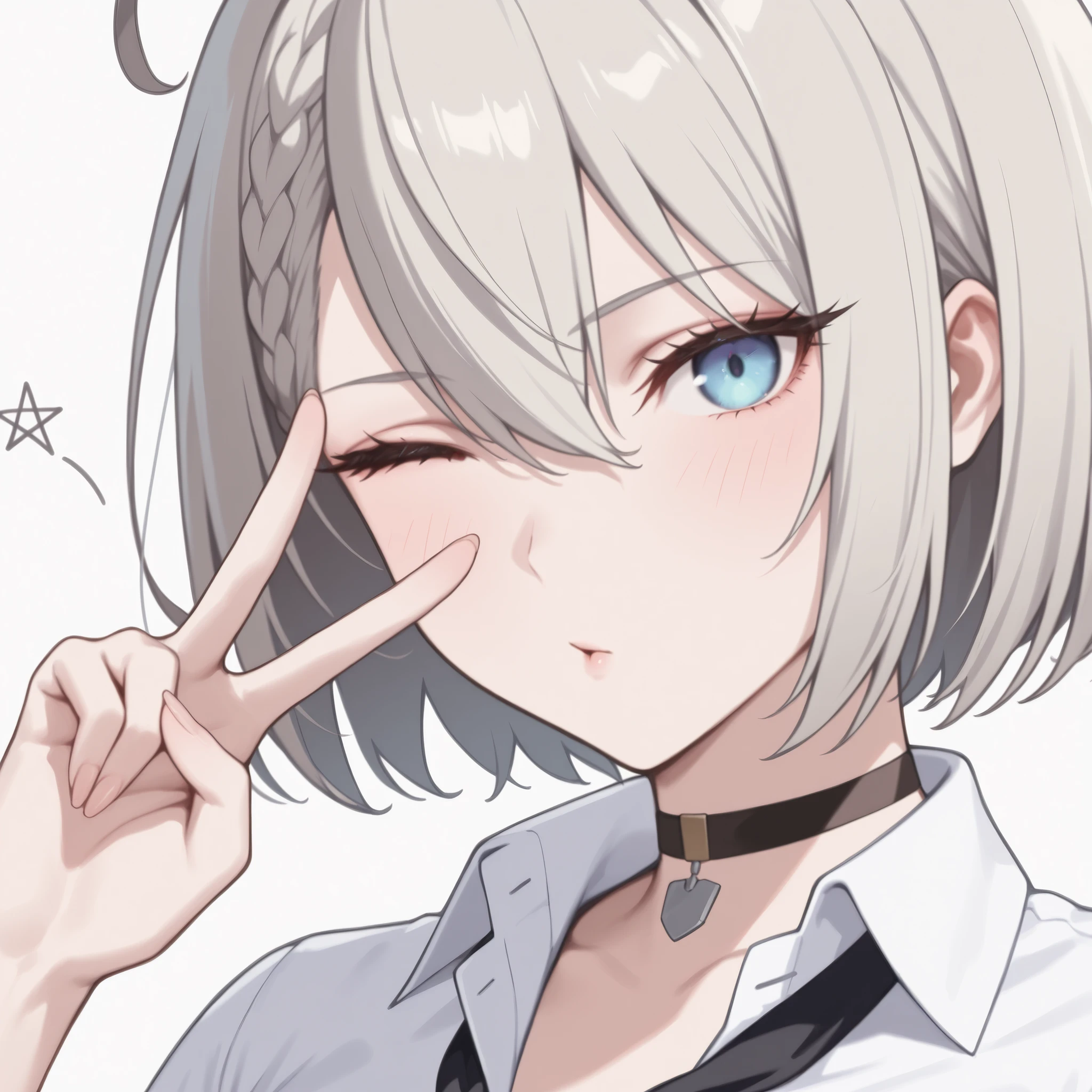 1girl, solo, anime girl, elegant, badass, baltimore, masterpiece, very aesthetic, grey hair, ahoge, short hair, french braid, hair between eyes, bob cut, light blue eyes, sharp eye outlines, long eyelashes, looking at viewer, no expression, big breasts, curvy body, white shirt, collared shirt, open collar, long sleeve, rolled up sleeve, black necktie, black pleated skirt, jacket around waist, brown jacket, black choker, blowing bubblegum, hand on hip, front view, standing, white background, simple background, soft skin, volume light, depth of field, high detail, highres, ultra-detailed, detailed face, (detailed eyes), (perfect eyes), perfect composition, intricate details, detailed and polished anime style, (detailed hand), (perfect hand), 4K, 8K