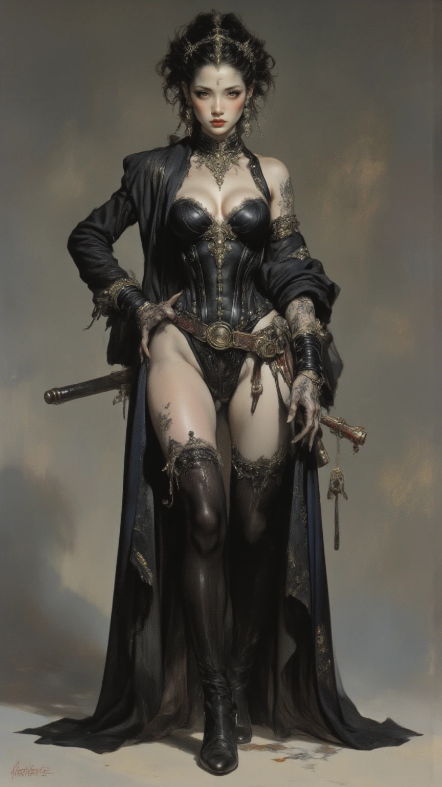 A painting of A woman dressed in a black and gold costume, standing in a dramatic pose. She is holding a sword in her hand. The woman appears to be the main focus of the scene, and her costume and pose give the image a sense of intrigue and mystery.