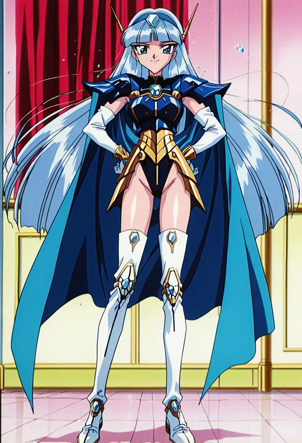 score 9 、score 8 up、score 7 up、傑作、best quality、best image quality、best resolution、((1990s \(style\),90s anime,90s anime style,retro artstyle,Cel-shaded anime,anime screencap,anime coloring:1.25))、perfect face、beautiful、sexy、athletic body、shiny skin、(scale to fit the dimensions:1.2)、1girl、solo、<lora:AEUmiIlx:1>、standing、light smile、water drop、hydrokinesis、AEUmiFinal、blue eyes、blue hair、long hair、blunt bangs、blue hairband、headgear、armored dress、blue armor、Hairband Headgear、blue cape、armored leotard、elbow gloves、white gloves、gem、black leotard、high leg cut、pauldrons、groin、white thigh boots、big breasts、very large breasts、thigh boots、high cut leotard under clothes、full body、water、smug smile、standing、