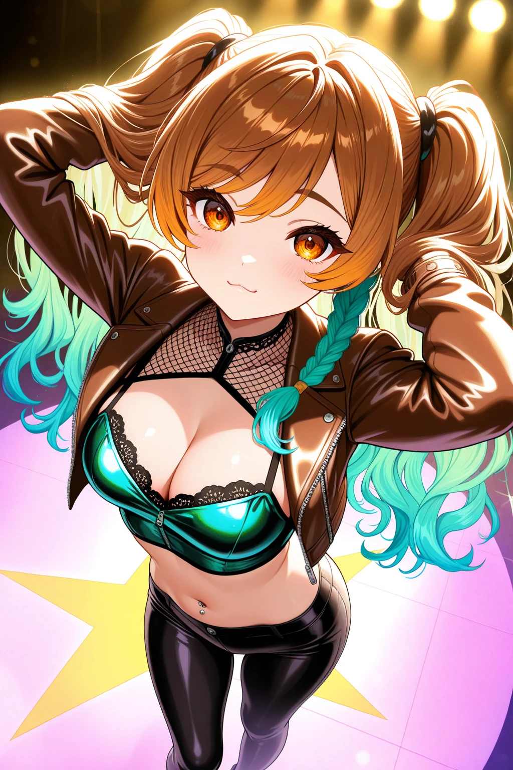 score_9, score_8_up, score_7_up, score_6_up, score_5_up, zPDXL3, max detail, 4k wallpaper, masterpiece, best quality, absurdres, highres, dynamic angle, dynamic pose, source_anime, 
NaytLaytStyle, 
upper body, 1girl, solo, green eyes, virtual youtuber, smile, fishnets, breasts, green hair, black nails, thighhighs, star hair ornament, v, long hair, brown hair, multicolored hair, ponytail, star (symbol), hair ornament, looking at viewer, bow, shorts, hair bow, heart, shirt, black shorts, clothing cutout, from above, black shirt, ribbon, bangs, blush, medium breasts, green nails, hair ribbon, nail polish, bare shoulders, very long hair, cleavage, eyeshadow, green background
<lora:NaytLaytStyle:1> <lora:ThickOutline:0.3> <lora:SoftAnimeStyle_HashFix:0.3>