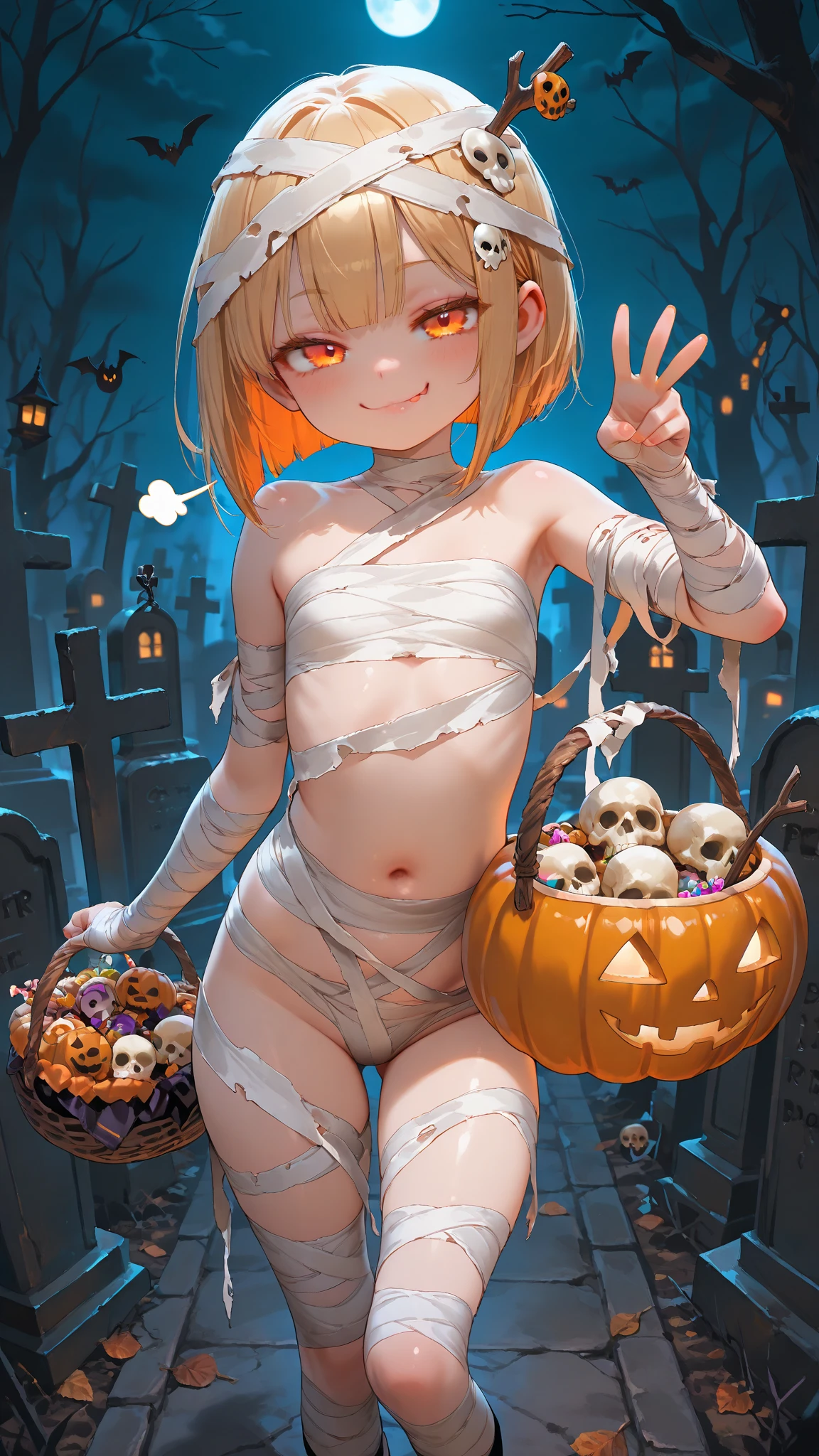 score_9, score_8_up, score_7_up, score_6_up, 1girl, orange hair, orange eyes, 
jack-o'-lantern, sitting, between thighs, on thighs,holding, 
mummy costume, looking at viewer, graveyard, glowing, open mouth, moon,silhouette, fog,
<lora:mummy_costume_v0.2-pony:1>