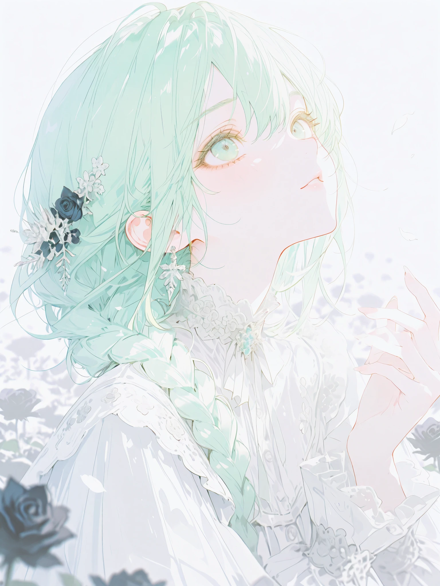 depth of field,extreme aesthetic, masterpiece, best quality,very high quality,absurd,32K UHD,best quality hands, very high quality hands, best anatomy, perfect anatomy,very detailed, very detailed face, very detailed eyes, very beautiful eyes, very beautiful face, masterpiece, masterpiece, only 1 girl, green hair, light green eyes, (((wearing a pure white with elegant embroidery))), Her expression is calm and graceful, braided hair, mature, adult, sunshine, the season is spring, floating many white petals, close up, very pretty illustration, black rose field, very specific description,, ((look up))