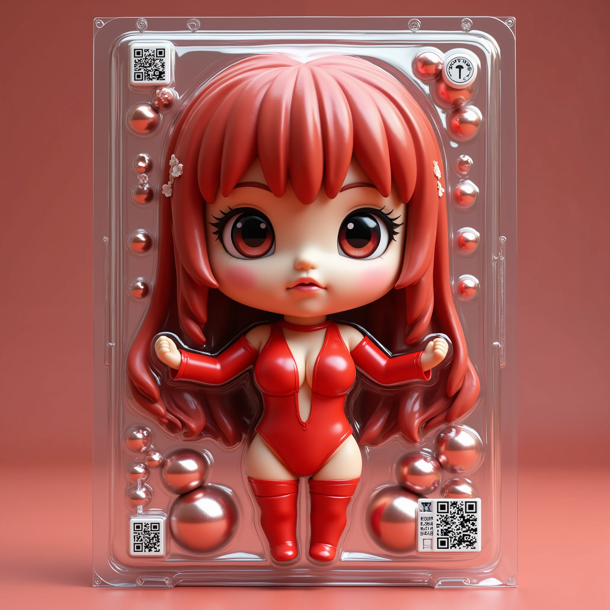 Nendoroid style、chibi, Q version (Q version), SD, oversized head ( big head), tiny body (small body), kawaii (cute), cute (cute), rena,rinon ohshima,big breasts,A woman in a bright red bodysuit、The body that fits perfectly to the body and bold V-shaped cutouts create a playful and sensual vibe、Her arms are gracefully intertwined and lifted above the head to create a graceful arch、She is packed in clear plastic in a blister pack、The blister pad has cosmetics, perfumes, etc.々objects with shiny lighting are contained in、retail display、Shiny lighting、highlights those forms、QR codes and labels are placed on the side of the、suggests a consumer product theme、This conceptual art work、 highlights the smooth texture and vibrant colors within the frame.、{x} has an overall vibe、she is packaged in the clear plastic of the blister pack fashion {x} playful and elements of commercial underwear are fused、、Professional撮影、is anatomically correct、Highest Quality、4K、8k、high definition、masterpiece、Super Detailed、(realistic, photorealistic, photo-realistic:1.37)、HDR、超high definition、studio lighting、Ultra High Definition Painting、physically-based rendering、very detailed depiction、Professional、bright color、Bokeh