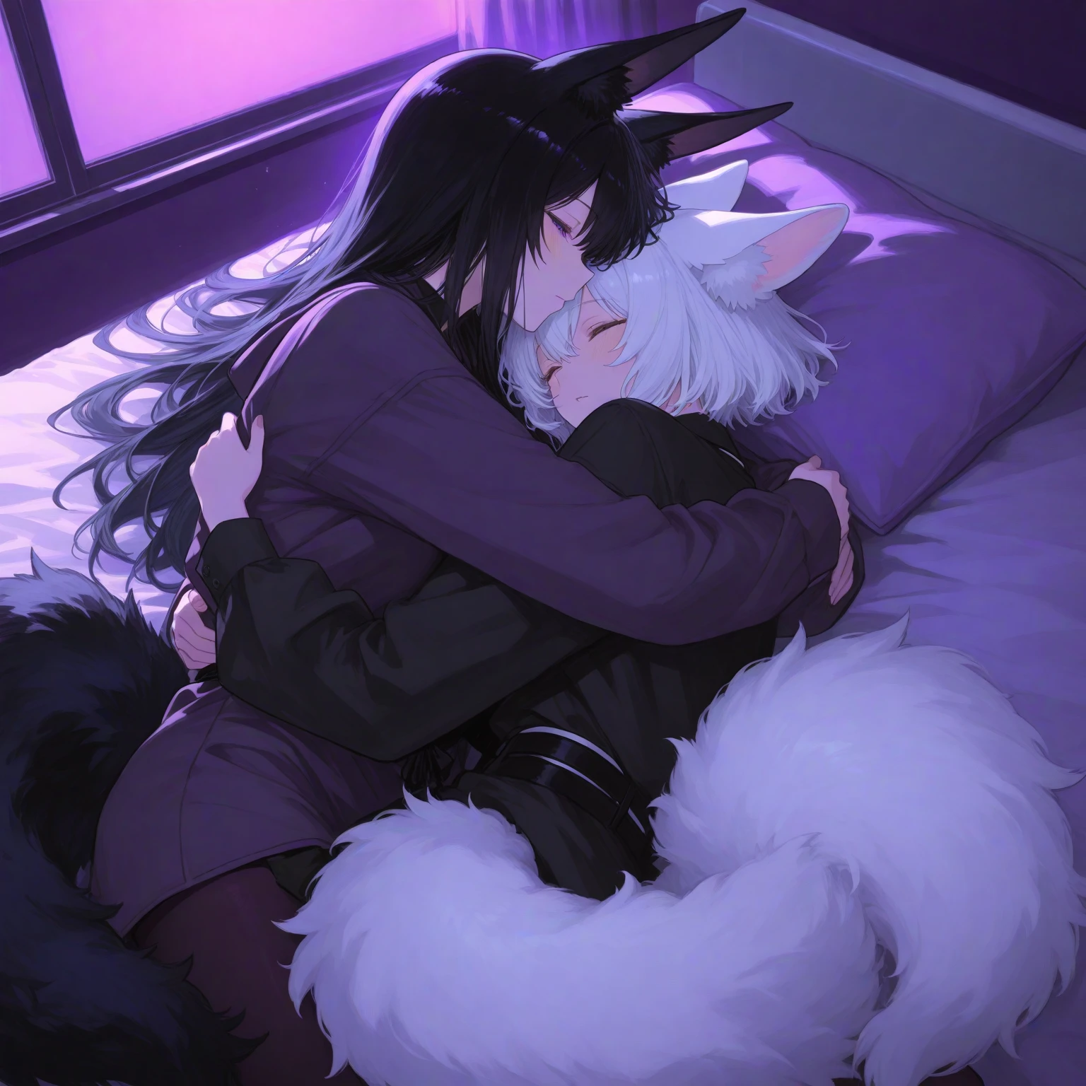 score_9,score_8_up,score_7_up, a young nerdy Anthro furry wolf woman, white furry body, tall, long black messy hair, white wolf tail, hair covering one eye, long bangs, long black hair, blue eyes, black glasses, small breasts, white wolf tail, , wearing only thigh high socks, clenched teeth, side view, she is lying flat on her stomach, getting   by male, groundhog  position, male is cropped out