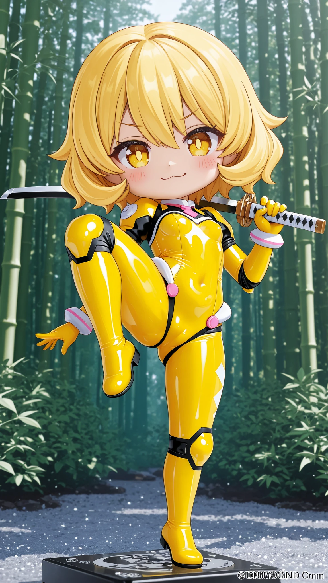 Nendoroid style、chibi, Q version (Q version), SD, oversized head ( big head), tiny body (small body), kawaii (cute), cute (cute), morimee_style,cute face,3DMM,a tight, bright yellow rider suit made of latex、A technical photo of a woman holding a Japanese sword in a powerful knee-kicking pose and、casually attracts attention for her appearance that gracefully withstands dynamic movements、Biological parts visible、Protective Exoskeleton、Uniform lighting with shadowless lights、Snowy bamboo forest background、macro details are clearly captured、8K Ultra High Resolution