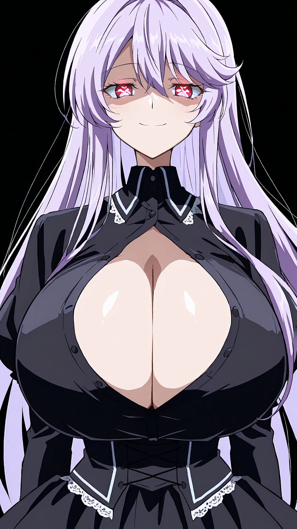 High resolution, Sister New devil, Maria Naruse, 1 girl, ((bimbo))), long white hair, purple eyes, thick lips, evil smile face, open mouth, wide , thick thighs, enormous fake , huge round , oily shiny skin, thick, black purple shade latex top, belts, underboob, posing, squishy ,  posing, black panties, legs, , looking Down, underboob, squishy , soft , stiff , ,