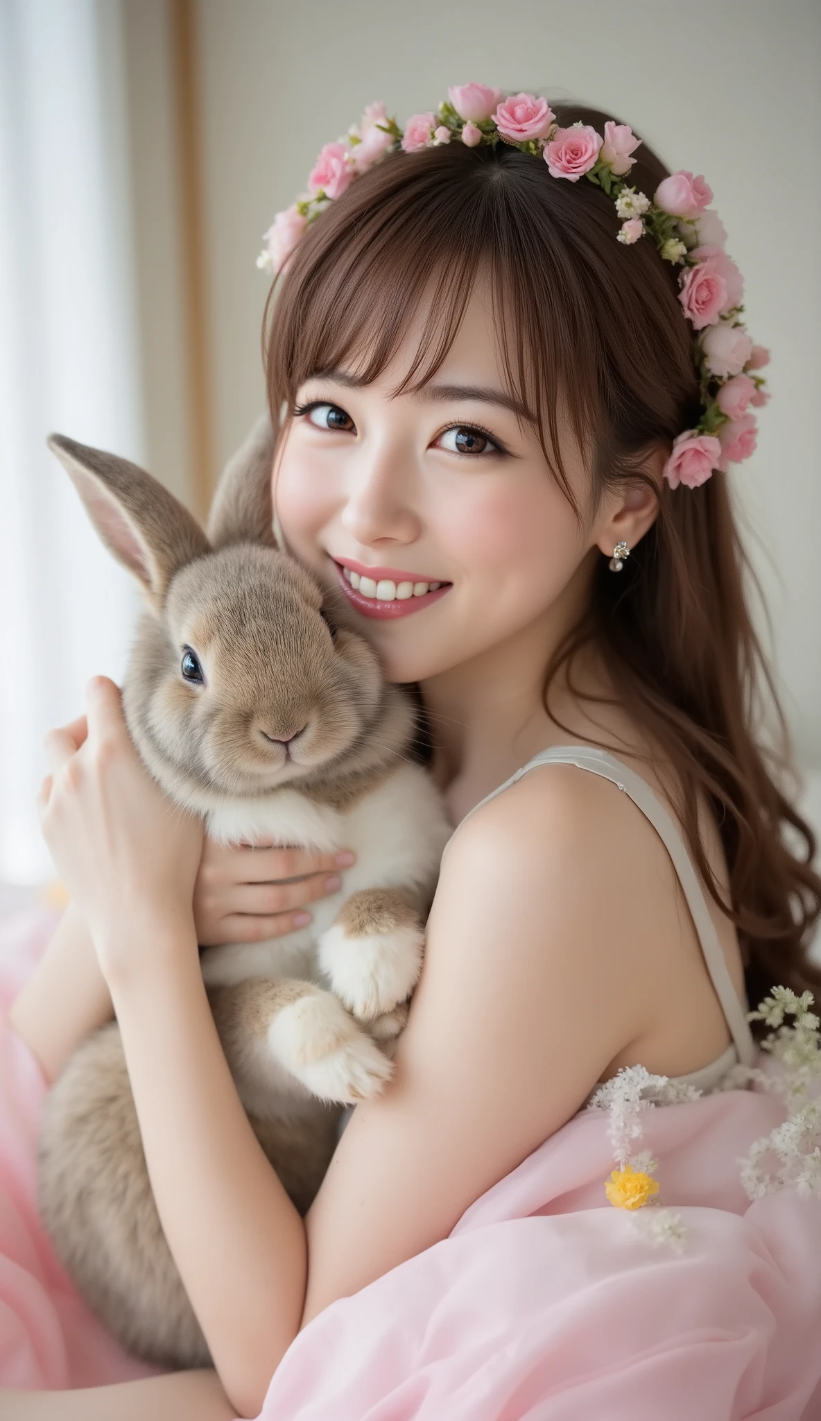 Highest Quality、super high resolution on a pile、super high resolution on a pile複合テクスチャ、cinematic lighting、very detailed、high detail、((high contrast))、8k、Japanese women in technical writing、(((She's snuggling up with a rabbit:1.5)))、perfect rabbit anatomy、(((そして彼女の背中には大きな翼が付いており色は柔らかなPinkに染まっている:1.3)))、very detailed顔、very detailed虹彩、, shiny, soft lips、(((long hair:1.1)))、Shiny, Beautiful Brown Hair、fluttering hair、Realistic Textured Skin、perfect anatomy、Perfect Fingers、I have big breasts、skinny、thin waist、sexy hips、Beautiful navel、sexy thighs、Long Legs、、色とりどりのFlowerの冠を被っている、(wearing a crown of colorful flowers、They wear white bikinis with elaborate details、lots of gold particles adhering、植物を思わせる形の穴がnumber多く開いているビキニ、a bikini like a fusion of plants and iron、they have a rose vine anklet wrapped around their feet、、(((そして彼女の背中には大きな翼が付いており色は柔らかなPinkに染まっている:1.3)))、、、a sparkling space like heaven、背景は薄いYellowや水色や薄いPink色の霧状の雲がベース、Blessed by Rabbits、Soft clouds that make you feel breathing、Wind without gravity、(((the loveliness of netherland dwarf rabbits snuggling up:1.3)))、、、、a fusion of plants in space、Little Stars Move in Circles、Relieves Captured Emotions、綺麗なFlower、美しいFlower、可憐なFlower、Yellow、Pink、Blue、red、green、Purple、Flower、Flower、number々のFlower。Flowerびらが舞う、Flowerびらが舞い上がる。(((they have 3 netherland dwarf rabbits at their feet:1.3)))、(((blessing netherland dwarf rabbits)))、(((the loveliness of netherland dwarf rabbits snuggling up:1.3)))、、、💖lots on the screen。
