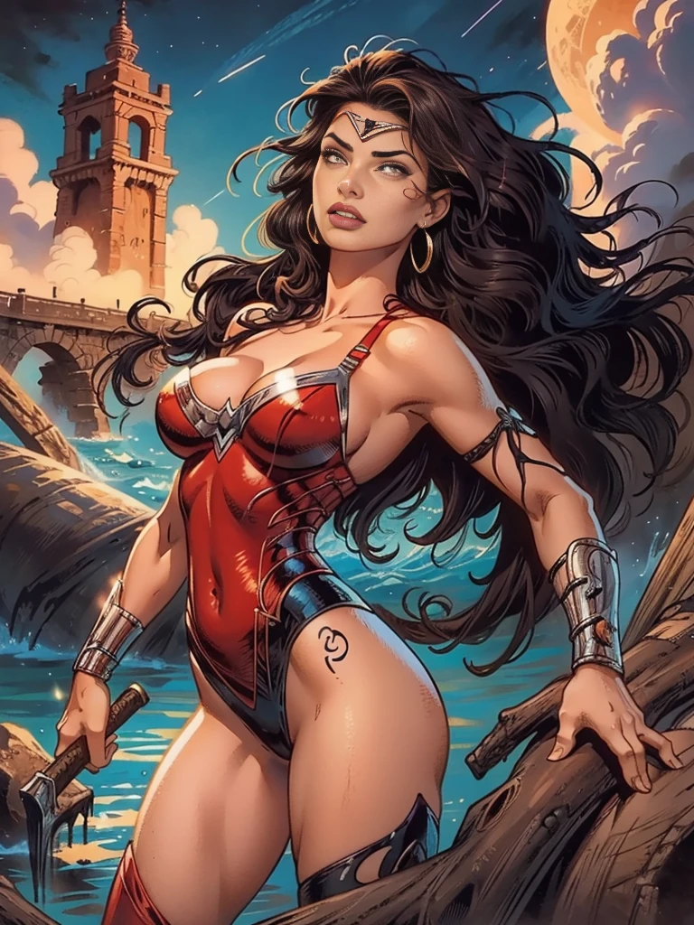 DC Comics, Eloise Mumford dressed as a Dejah Thoris, by Frank cho and HR Geiger, barsoom, (), flying, detailed background, night time, ((((huge muscles))))