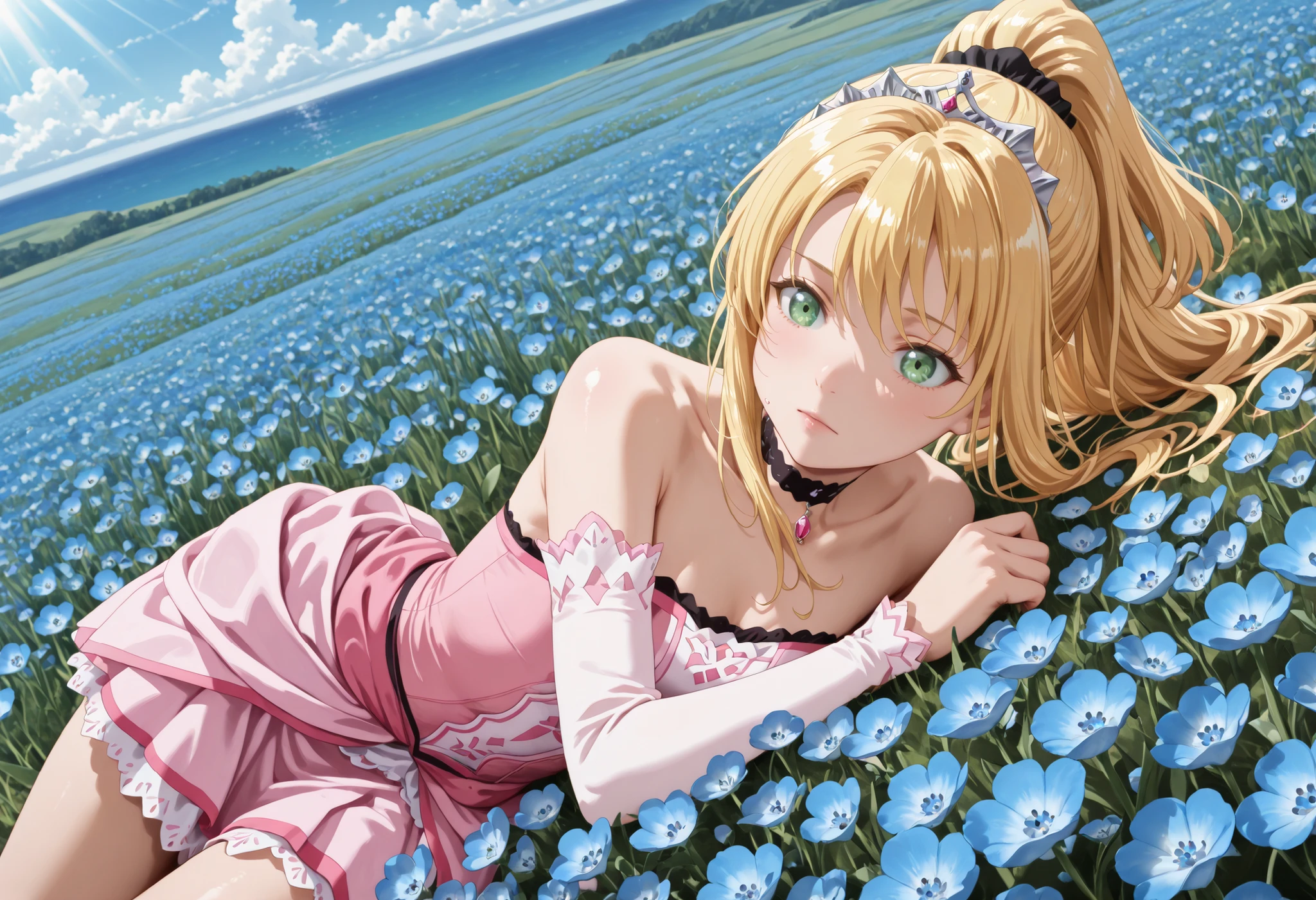  lying,   (1girl, solo:1.3), masterpiece,best quality,amazing quality,((liliana heiligh, blonde hair, long hair, ((ponytail)), green eyes, tiara, choker, bare shoulders, detached sleeves, pink dress, )),  cowboy shot , Outdoors, depth of filed, Light on Face, Portrait, Sunlight, skyporn, (field of Nemophila flowers) outdoors, (Nemophila:1.2) (realistic blue flower:1.1), (blue flower field look like sea), horizon, noon, detailed background
