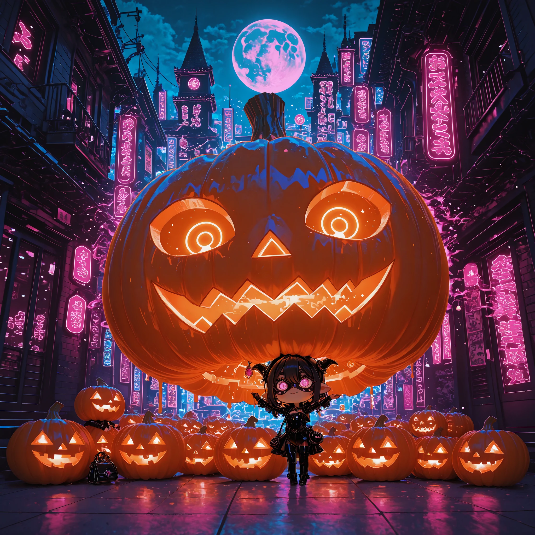 3D render、chibi, Q version (Q version), SD, oversized head ( big head), tiny body (small body), kawaii (cute), cute (cute)、Highest Image Quality、Artwork、super high resolution on a pile、Female Thief in a Pumpkin Mask、on the night of the full moon、Beautiful Body Lines、Tight Black Leather Phantom Thief Suit、Rooftop Escape Scene、Orange Expression of Jack O Lantern、Hand Holding a Jewel Bag、gothic building、Neon-Illuminated City、Dramatic Lighting、neon aesthetic, neon colors, glowing, glow effect, vibrant colors, high contrast, fluorescent, luminescence, light effects, chromatic lighting, colorful lighting, bright outlines, neon lineart, digital art,