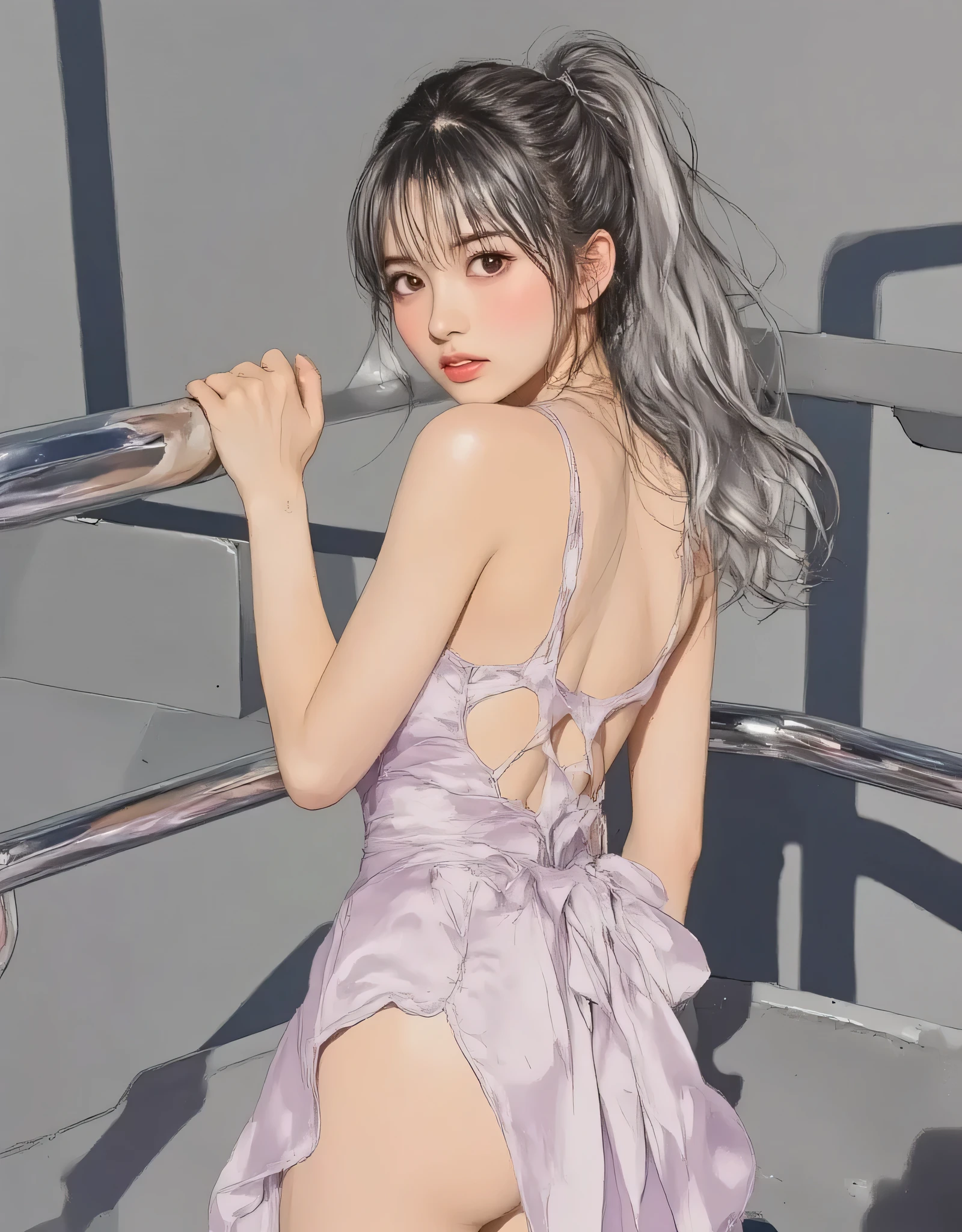 vivid, very detailed, Award-Winning Illustrations, Professional. woman seducing viewers with sexy eyes, ((sexy look 1.6))、(((Anatomically correct body:1.6))), portrait、Face Focus、sketch style、gray gradient hair、red eyes、Wearing a silk dress, provocative,  from behind、beautiful, fantasy taken with a Nikon Z7 II mirrorless camera. hyperrealistic, masterpiece, high resolution skin riding on a handrail、Light Shadows、最高masterpiece、