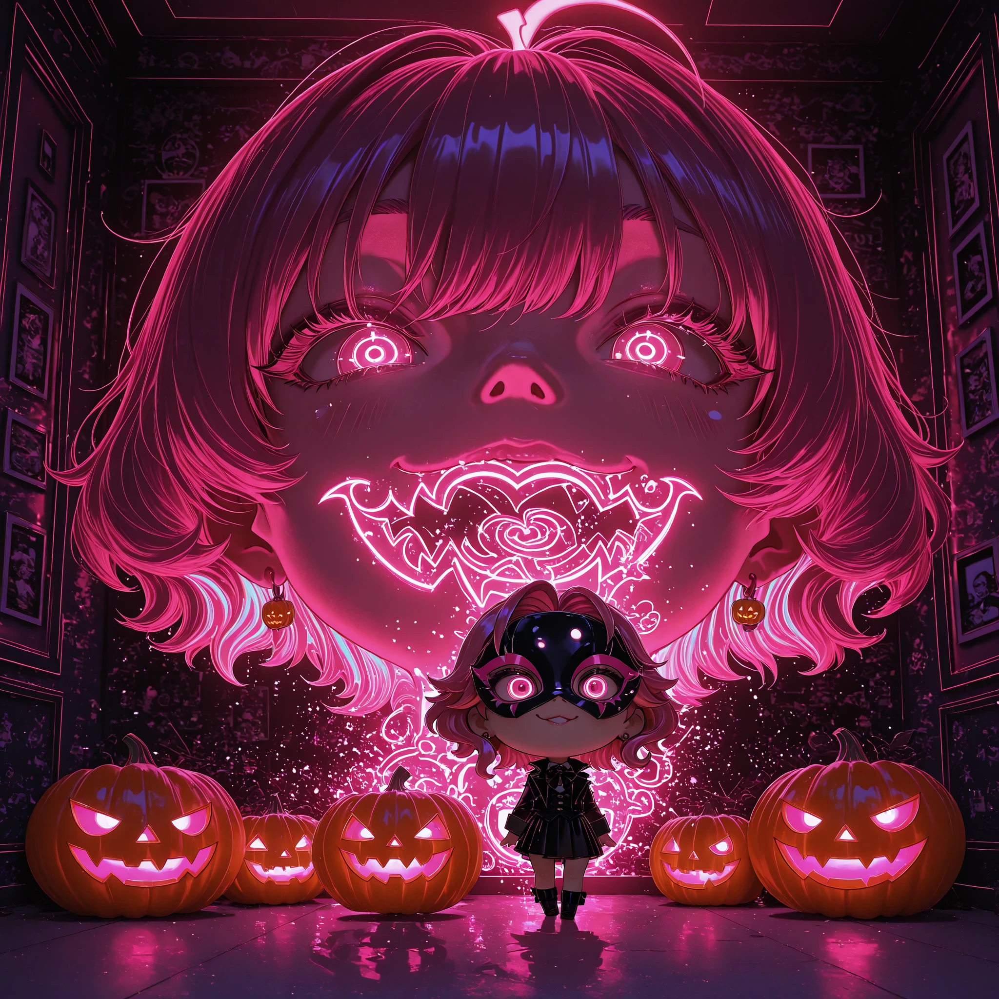 
3D render、chibi, Q version (Q version), SD, oversized head ( big head), tiny body (small body), kawaii (cute), cute (cute)、Super Detailed、masterpiece、Photorealistic、The Female Phantom Thief in the Jack O Lantern Mask、Escape from the Museum at Night、Curvy Silhouettes、Perfect Black Outfit、Red Light with Alarm in the Background、Eerily Laughing Pumpkin Mask、The Brilliance of Stolen Jewels、contrast between shadows and light、Thrilling Action Scenes, neon aesthetic, neon colors, glowing, glow effect, vibrant colors, high contrast, fluorescent, luminescence, light effects, chromatic lighting, colorful lighting, bright outlines, neon lineart, digital art,