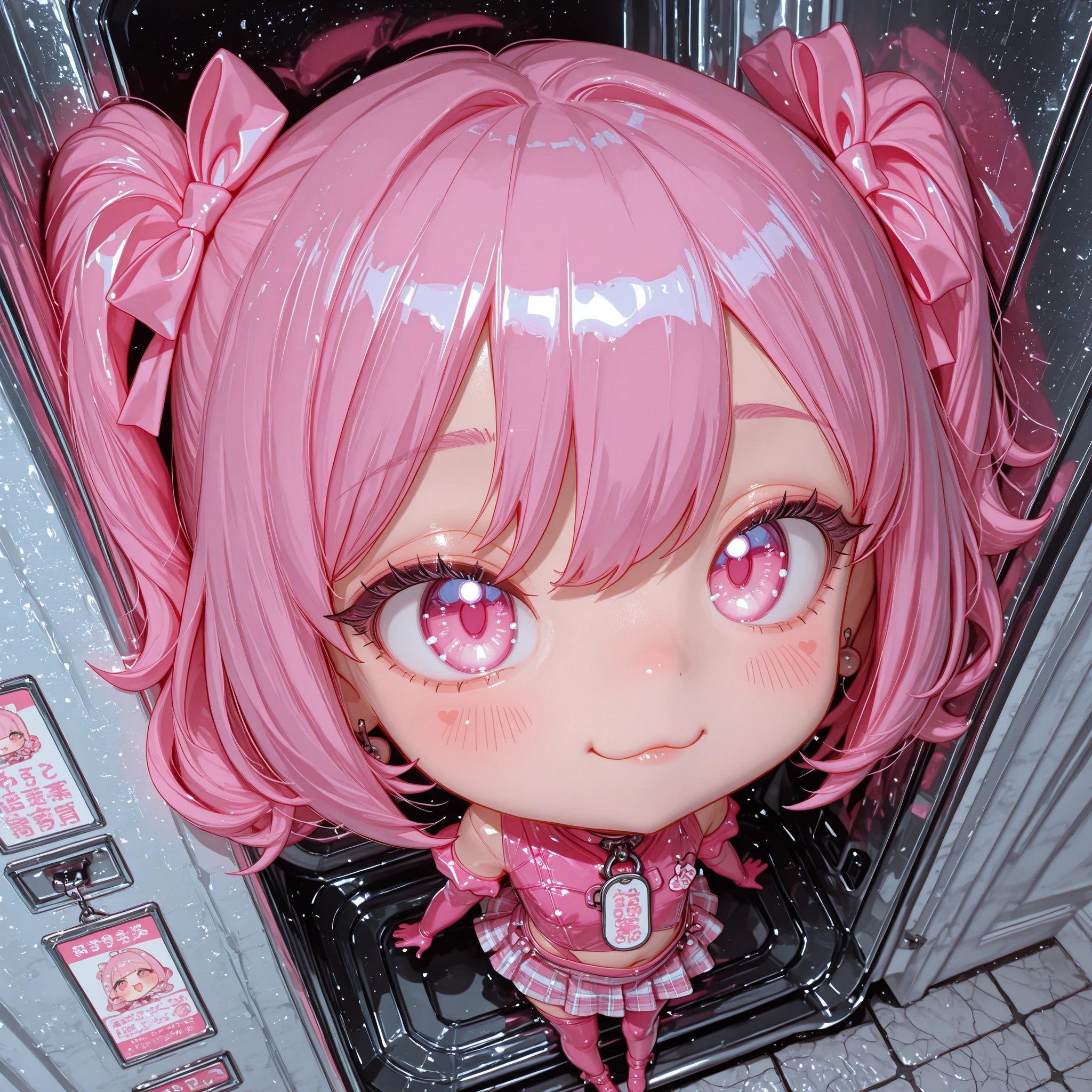
3D render、chibi, Q version (Q version), SD, oversized head ( big head), tiny body (small body), kawaii (cute), cute (cute)、3DMM,cute face,High Quality、masterpiece、super definition、Scenery taken from above、young beautiful woman lying in a heavy metal case、Wear a skirt and pink latex suit、pink ribbon on head、latex suit with price tags and barcodes like the product、embedded in custom-cut urethane foam to secure women、Stone floor、Cold lighting、atmosphere like a product display、precise details