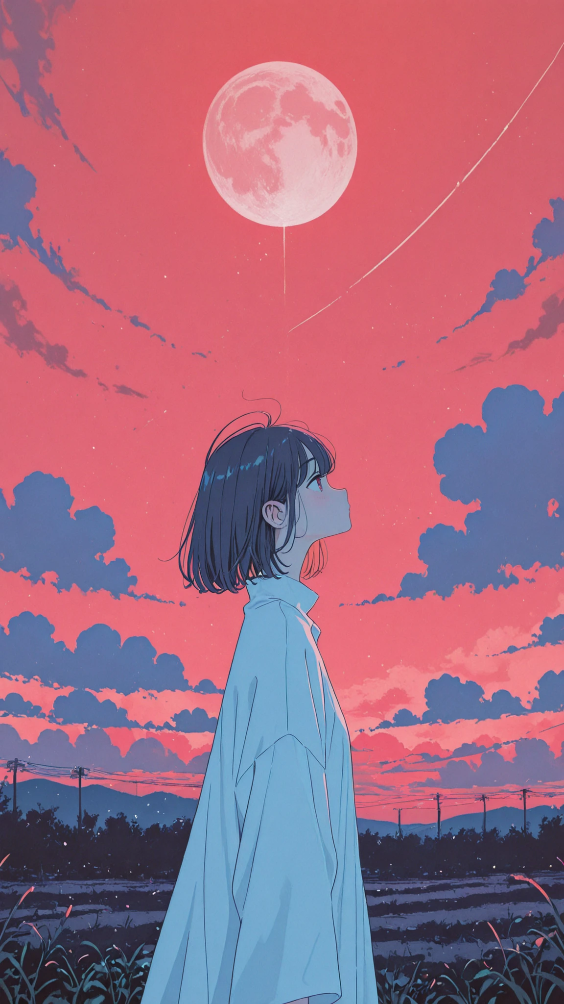 of the highest quality,Mathieu Piece, solo, solo,girls,Cumulonimbus、Beautiful Profile, outdoors, red sky, Seven colored clouds, evening, Light Colored Moon
