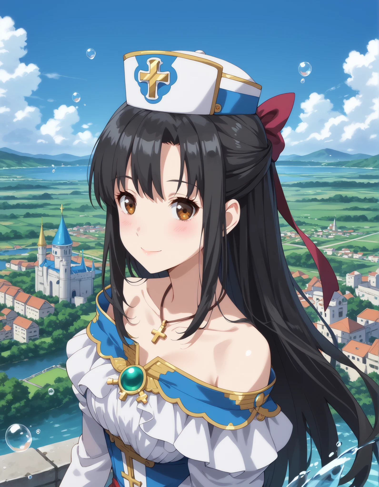 upper body, ((arifureta_kaori, 1girl, solo, black hair, jewelry, hat, long hair, cross, brown eyes, necklace, dress, shoulders, bow, hair bow, long sleeves, , half updo, collarbone, closed mouth, anime coloring, off shoulder, cross necklace, blush, off-shoulder dress, ,)), looking at viewer, cowboy shot, smile, blush, castle, cityscape, from side,, ((NS looking at viewer, smile, midair, above clouds, blue sky, cloud, water drop, bubble, landscape,FW)),castle, cityscape,