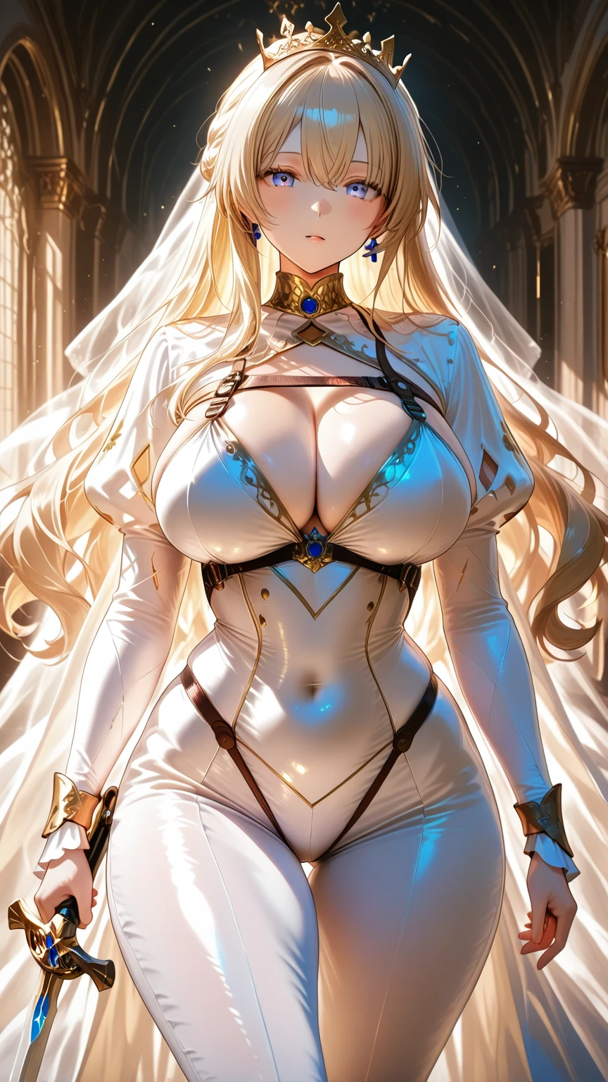 (1girl, solo:1.3), shining, (light in eyes), light in hands, (light from the chest),  soft sun light, bright light background, sexy, erotic, lewd, perfect face, detailed face, golden eyes, gold hair, (white body suit), perfect body, huge boobs, long hair, lots of details, ultra sharp, ultra detailed, colorful