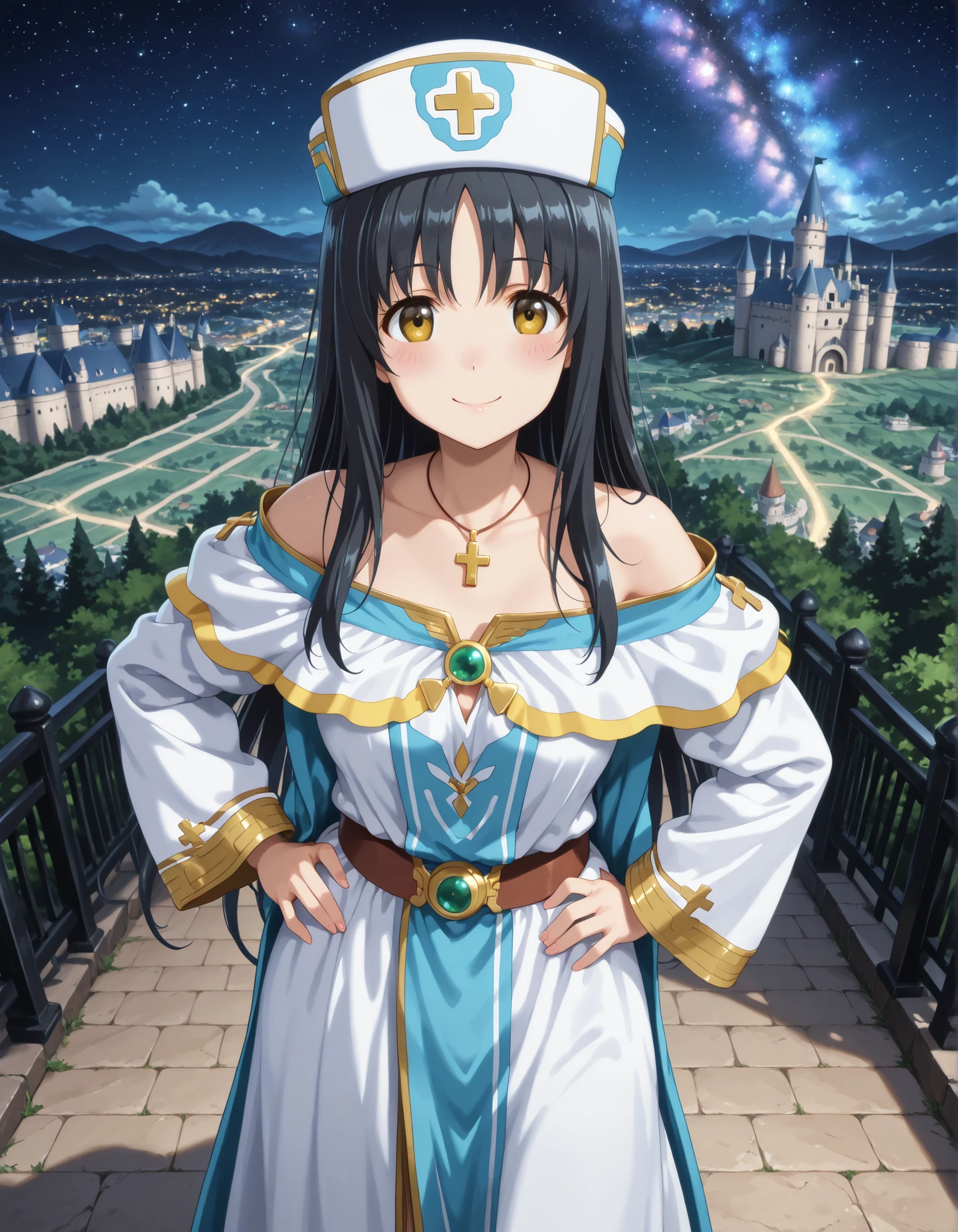 1girl, solo, smile, looking at viewer, blurry background, from above, hand on own , smile, blush, ((kaori_shirasaki, long_hair, black_hair, hat, brown_eyes, yellow_eyes, jewelry, necklace, long_sleeves, off_shoulder, robe, cross)), outdoors, street, castle, Dutch angle to the side, looking at viewer, smile, landscape,castle, cityscape, outdoors, nature, night, starry sky, galaxy