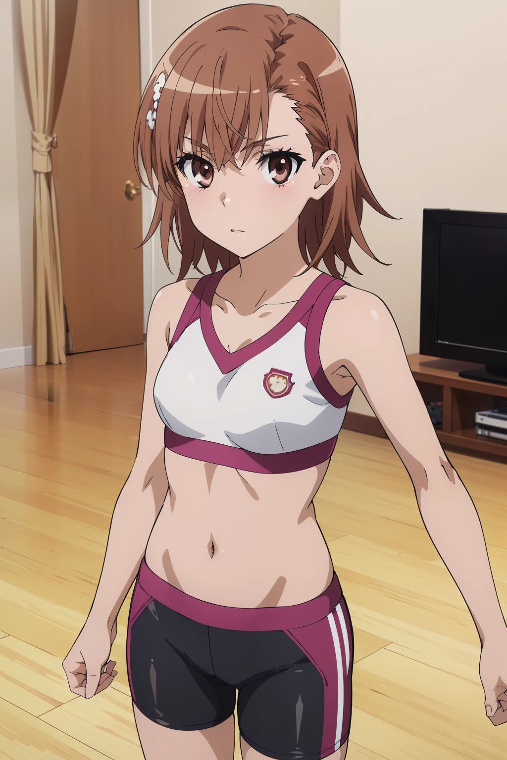 (masterpiece, best quality, high resolution, 8k:1.2), (anime coloring:1.4), (perfect character design:1.4), official art, highly detailed CG Unity 8K wallpaper, perfect face, perfect eye, perfect hair style, perfect body, beautiful body, beautiful skin, beautiful breasts, beautiful legs, beautiful hands, perfect hands, beautiful face, beautiful eyes, symmetrical eyes, slim body, (1 girl), (misaka mikoto, brown eyes), (small breasts), (brown hair, short hair, bangs, eyebrows visible through hair, hairpin), nffsw,(tanned skin:1.1), (gal makeup, pink gradient eyeshadow), (Sports bra, bike shorts), (Living room), (yoga, stretching), looking at the viewer, in the center of the image, neat atmosphere, (cowboy shot)