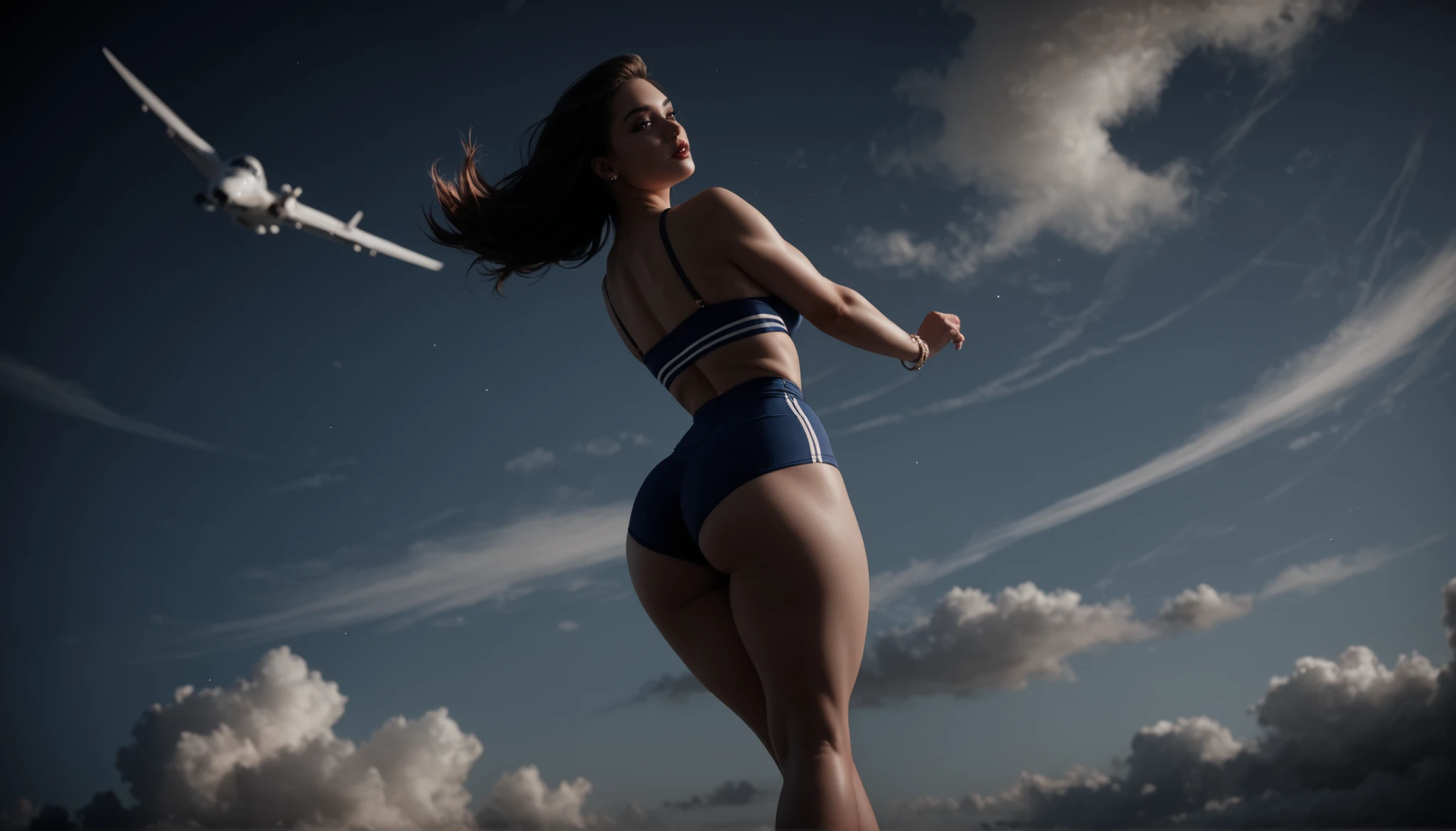 Super girl and short costume revealing   thick thighs - flying in the clouds
