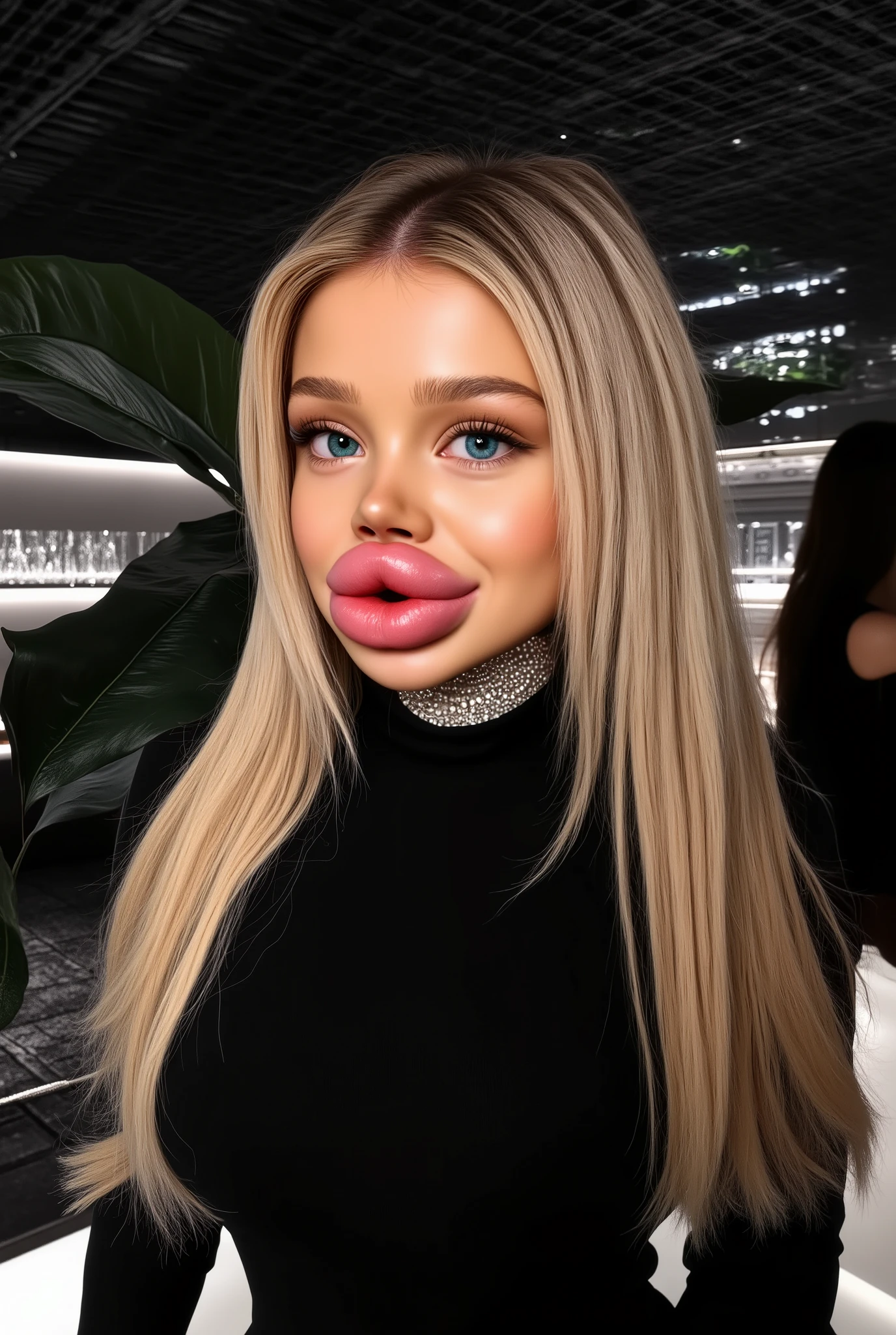Ultra-realistic front view portrait of a super cute young woman in her 20s with platinum blonde hair with black roots. She has a puffy face and long eyelashes. Her facial features are huge fake round bimbo lips, glossy and overfilled, and she has round cheeks. She Looks innocent. She is wearing a tight black ribbed wool turtleneck sweaster. She has bright green eyes. The lighting is soft and even, and the background is minimal, emphasizing her face and outfit. The style is high-end influencer aesthetic, ultra-detailed, photorealistic, cinematic 8k. 
