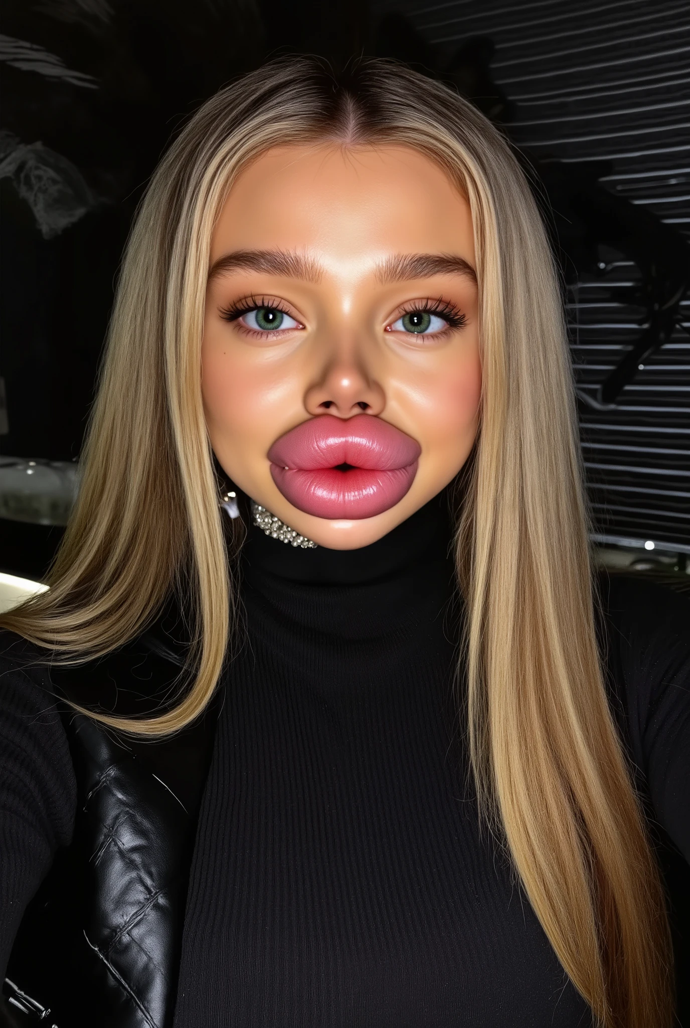 Ultra-realistic front view portrait of a super cute young woman in her 20s with platinum blonde hair with black roots. She has a puffy face and long eyelashes. Her facial features are huge fake round bimbo lips, glossy and overfilled, and she has round cheeks. She Looks innocent. She is wearing a tight black ribbed wool turtleneck sweaster. She has bright green eyes. The lighting is soft and even, and the background is minimal, emphasizing her face and outfit. The style is high-end influencer aesthetic, ultra-detailed, photorealistic, cinematic 8k. 
