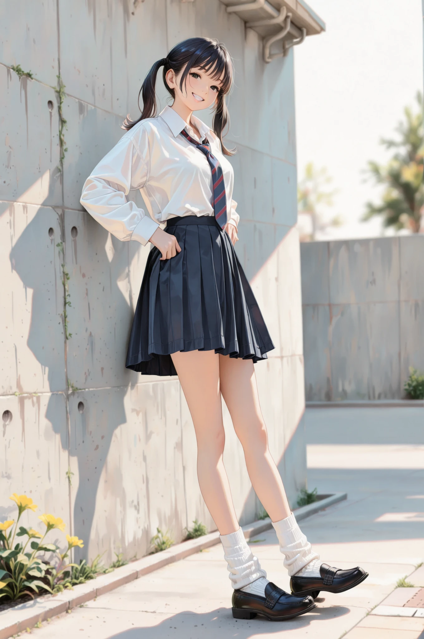 1 Girl, In front of a concrete wall:1.2, solo, (( has a grin)), dark haired, Long Twin Tails, shirt, necktie, pleated skirt, loose socks, black loafers, Pay attention to light and shadow in every detail, blurred background, (Highest Quality:1.2, 4K, 8k, very detailed, attention to detail, masterpiece:1.2, Ultimate aesthetics),