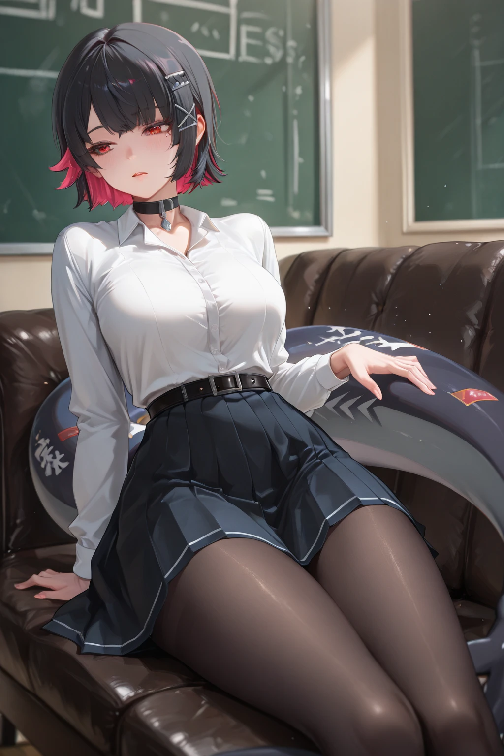 1 girl, glasses, (full body:1.2), sitting, (angle from below:1.1), (angle from the side:1.1), blush, (slim body:1.2), (:1.3), (slender and long legs:1.1), black hair, short hair, white long sleeve shirt, pleated skirt, (black tights:1.1), black loafers,