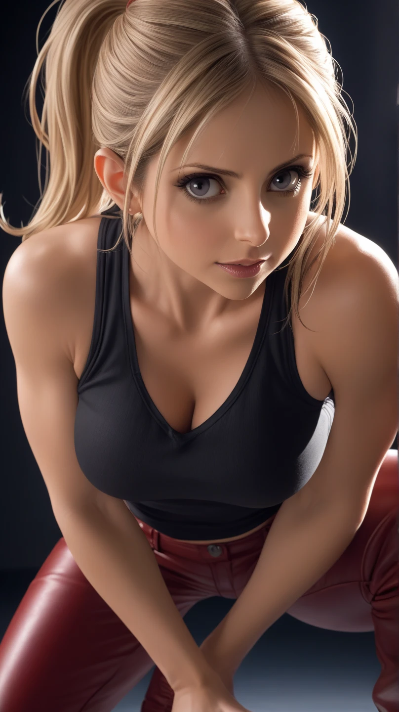 masterpiece, best quality,3d rending work ,3DMM style,close-up, 3D,1girl, solo, black hair, realistic, upper body, fantasy castle background, parted lips, choker, makeup, (medium perky ???????) realistic natural ???????, cleavage, squatting, spreading legs, ????????, quistis, orange ??????, (blonde hair:1.2)