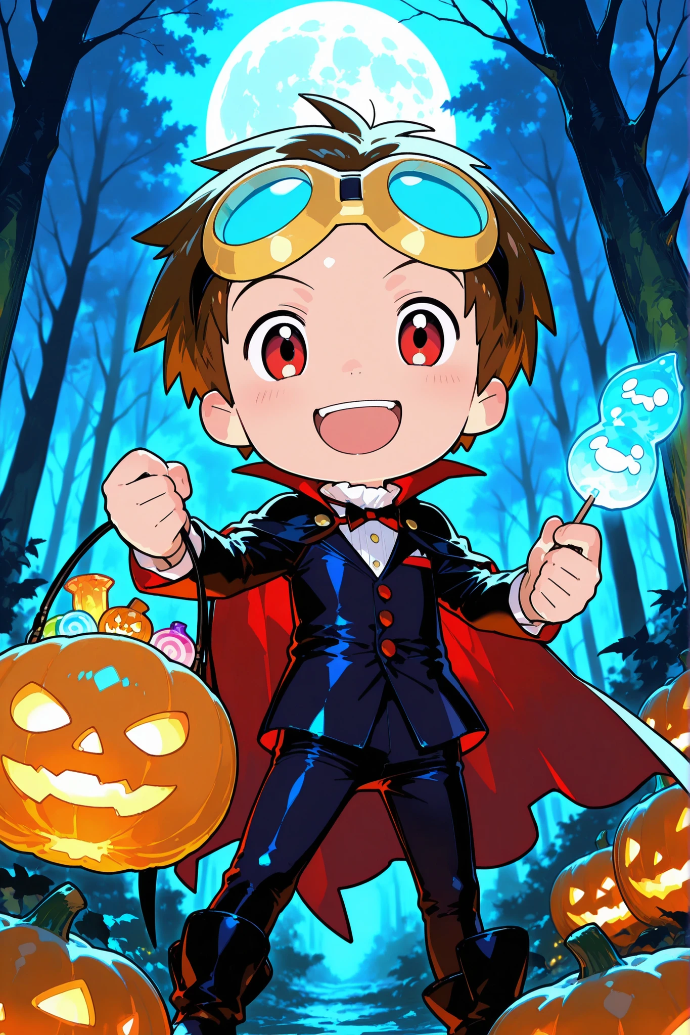 1boy, male focus, TMatsuda, brown hair, short hair, red eyes, goggles on head, dracula suit, very long black cape, happy face, smile, open mouth, looking at viewer, halloween, jack-o'-lantern, holding a glowing candy bag, in a detailed spooky forest at night, full moon, masterpiece,sd character, super deformed, chibi BREAK best quality, amazing quality, high resolution, ultra-detailed, newest, depth of field, intricately detailed illustration, very awa, colorful, shiny skin, hyper-Detailed, atmospheric scenery, cinematic lighting, cinematic angle, soft light, color detail, backlighting, Depth of field, long exposure, light steps, intricate colors, vibrant colors