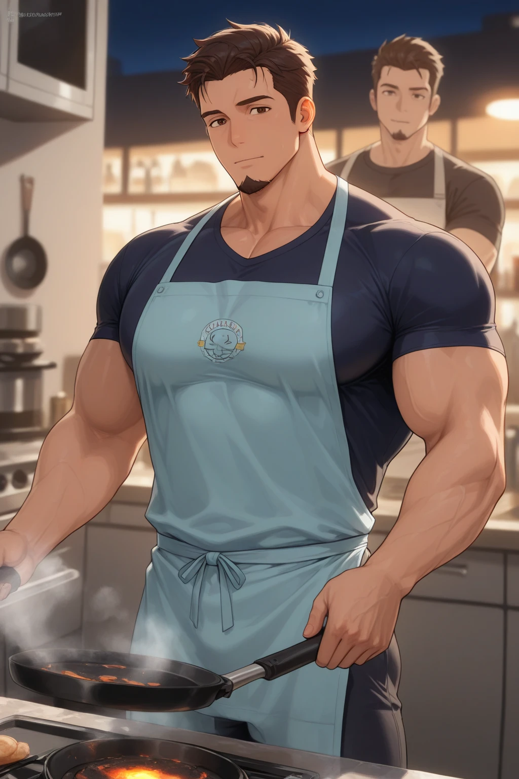 (: 1.5), (handsome Man sitting on table eating bread ),(crew cut short hair:1.8),black eye,(Wear a fitted round neck t-shirt in navy with a police badge.:1.5),(fit neck),Navy blue jeans,(black_gloves:1.2), Korean guy,chest muscles,large arm muscles,blood vessel,Big muscles,Broad shoulders, (open mouth:1.5),(face up:1.2),(close eyes:1.5), middle of the road, In the bread shop, ( :1.8), ( very long: 1.6),  very Big, (Big ), ( of the : 1.6), ((very big, very long )), , hold your hand on your , () , bread in hand 