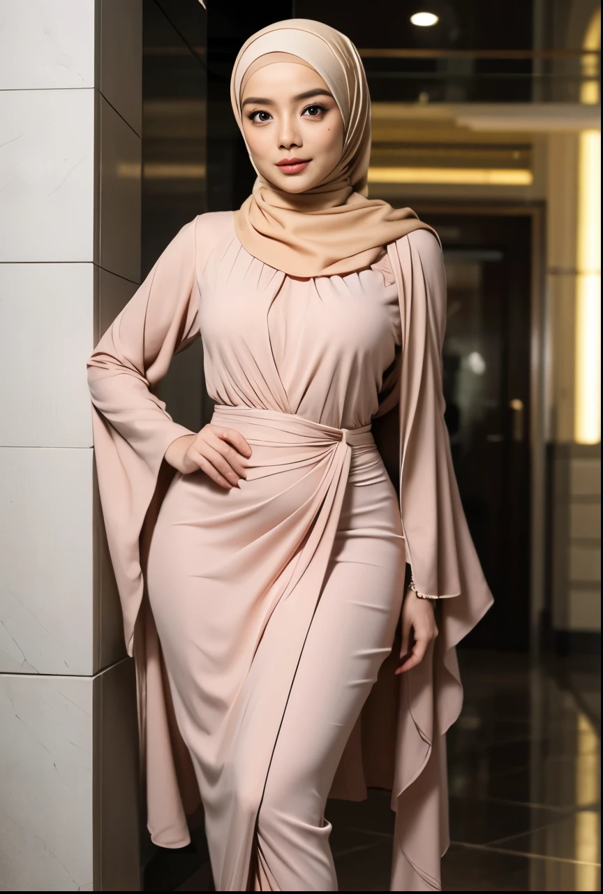 1 lady, 30 years old, hijabi, wearing tight malay baju kurung, fine wrinkles, walking shot, standing outside a hall, rose gold malay baju kurung, (big breast 1.8), subtle cleavage, cloth follow body shape , wearing plain hijab, short hijab, confident, beautiful, body shape, revealing, less cloth hanging, elegant, hourglass slim body shape