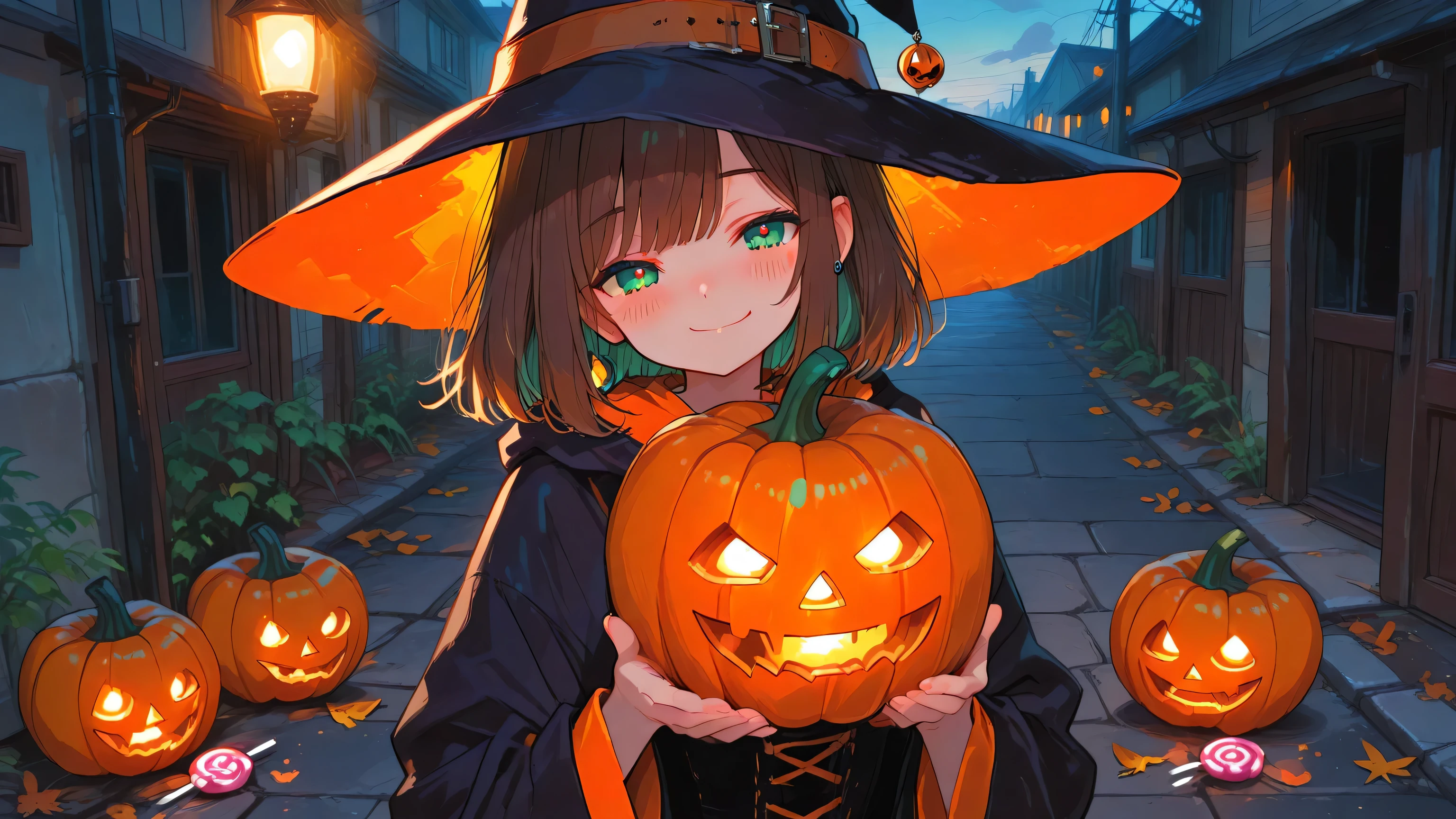 masterpiece, best quality, newest, absurdres, highres,  
1girl, solo, short dark brown hair, ahoge, shiny green eyes, soft blush, soft smile, cheerful and relaxed expression,  
wearing a cute halloween costume, pumpkin-themed outfit, orange and black color palette, small witch hat,  
holding a pumpkin-shaped candy bucket full of colorful candies, smiling warmly at the viewer,  
standing or slightly crouched pose on a quiet residential street, surrounded by cozy houses and glowing jack-o’-lanterns,  
autumn leaves scattered on the ground, halloween decorations visible,  
late afternoon sky with warm orange light, soft breeze gently moving her hair,  
vintage vibes, chill and warm atmosphere, soft cinematic lighting,  
modern anime style, beautiful face focus,half body visible, detailed costume fabric texture,  
cozy and charming mood, halloween evening feeling, no earphones
